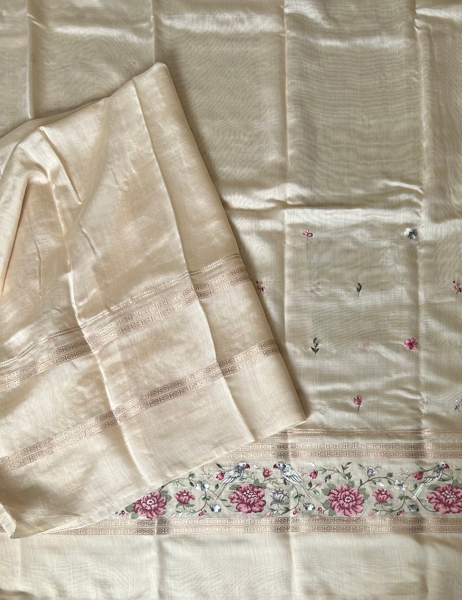 Beige embrodiery soft tussar crepe 102 saree