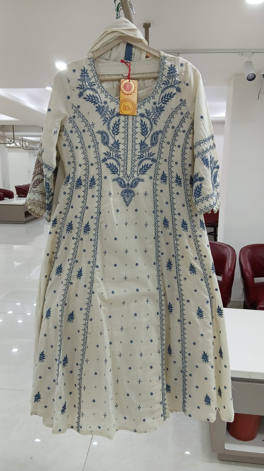 White And Green Cotton Anarkali Kurtha  151