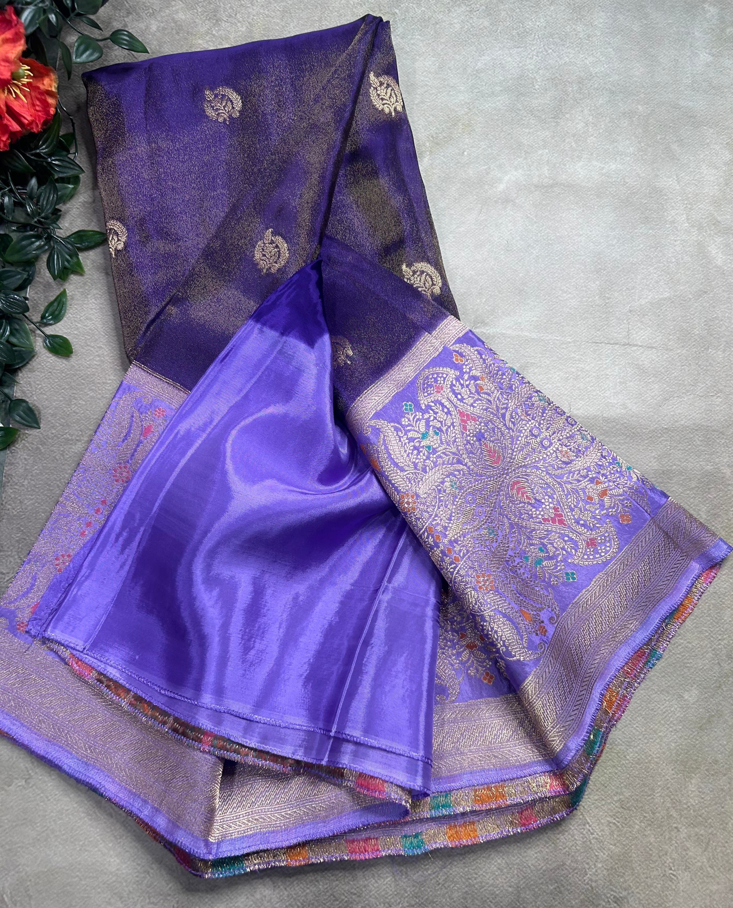 Purple contrast long border soft semi tissue crepe 106 saree