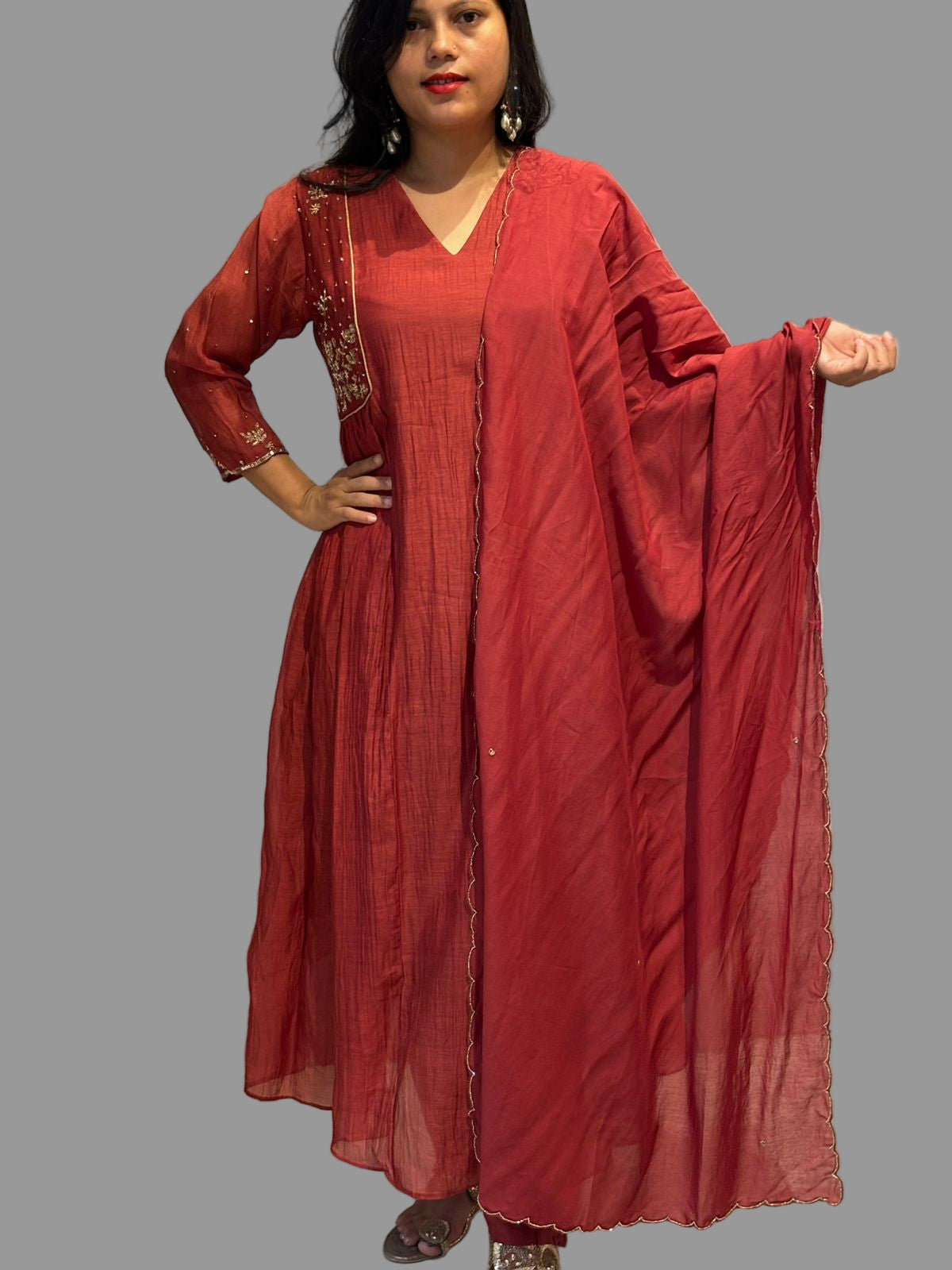 Rustic Orange Chanderi Hand Embroidery Airline Kurtha 324