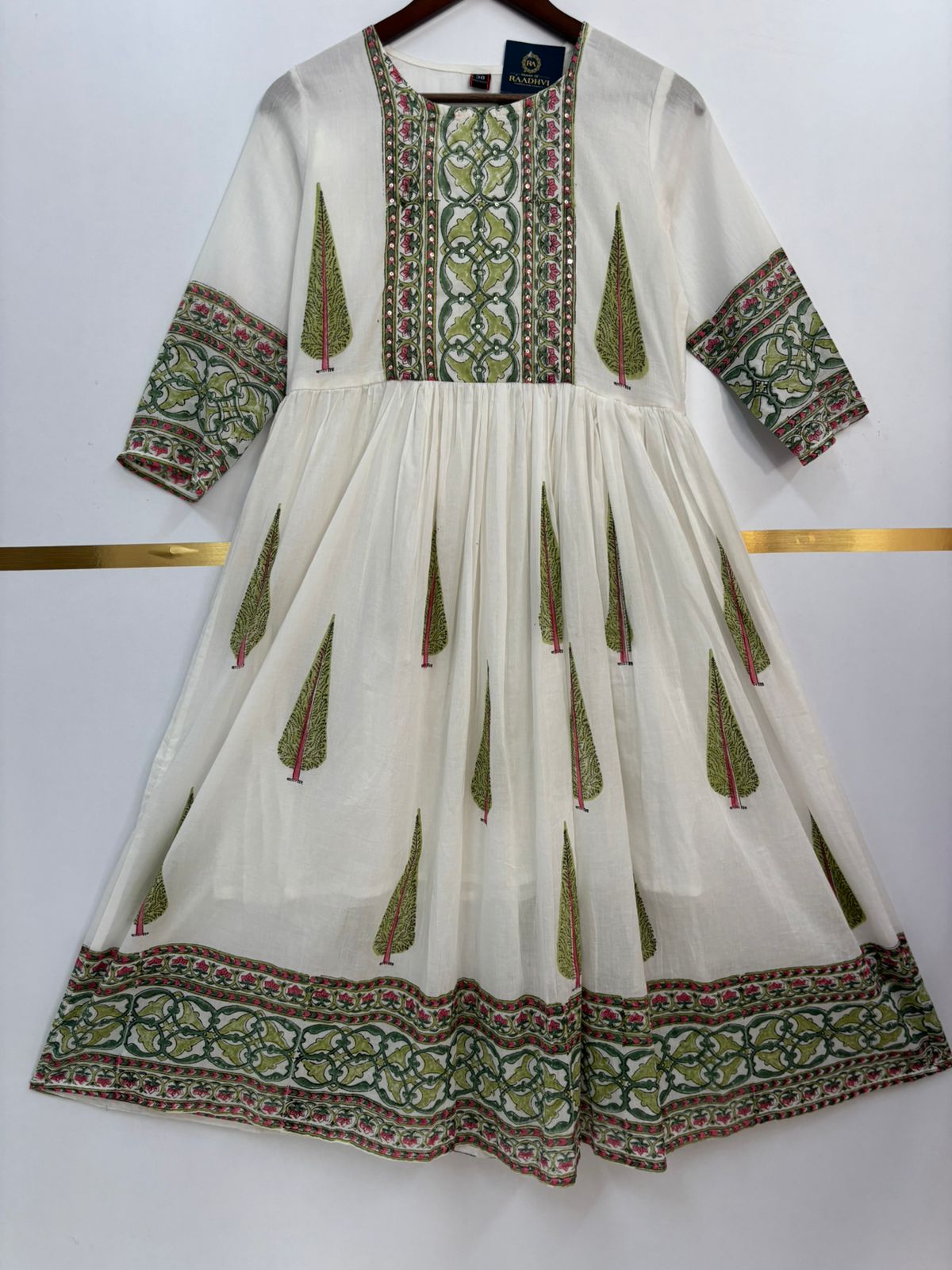 White Mul Cotton Block Print Anarkali Kurtha 98