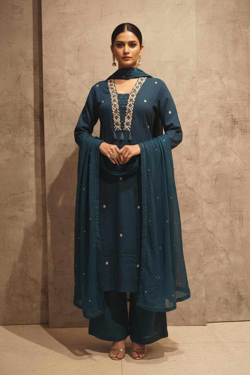 Dark Blue Cotton Block Print Straight Fit Plus Size Kurtha