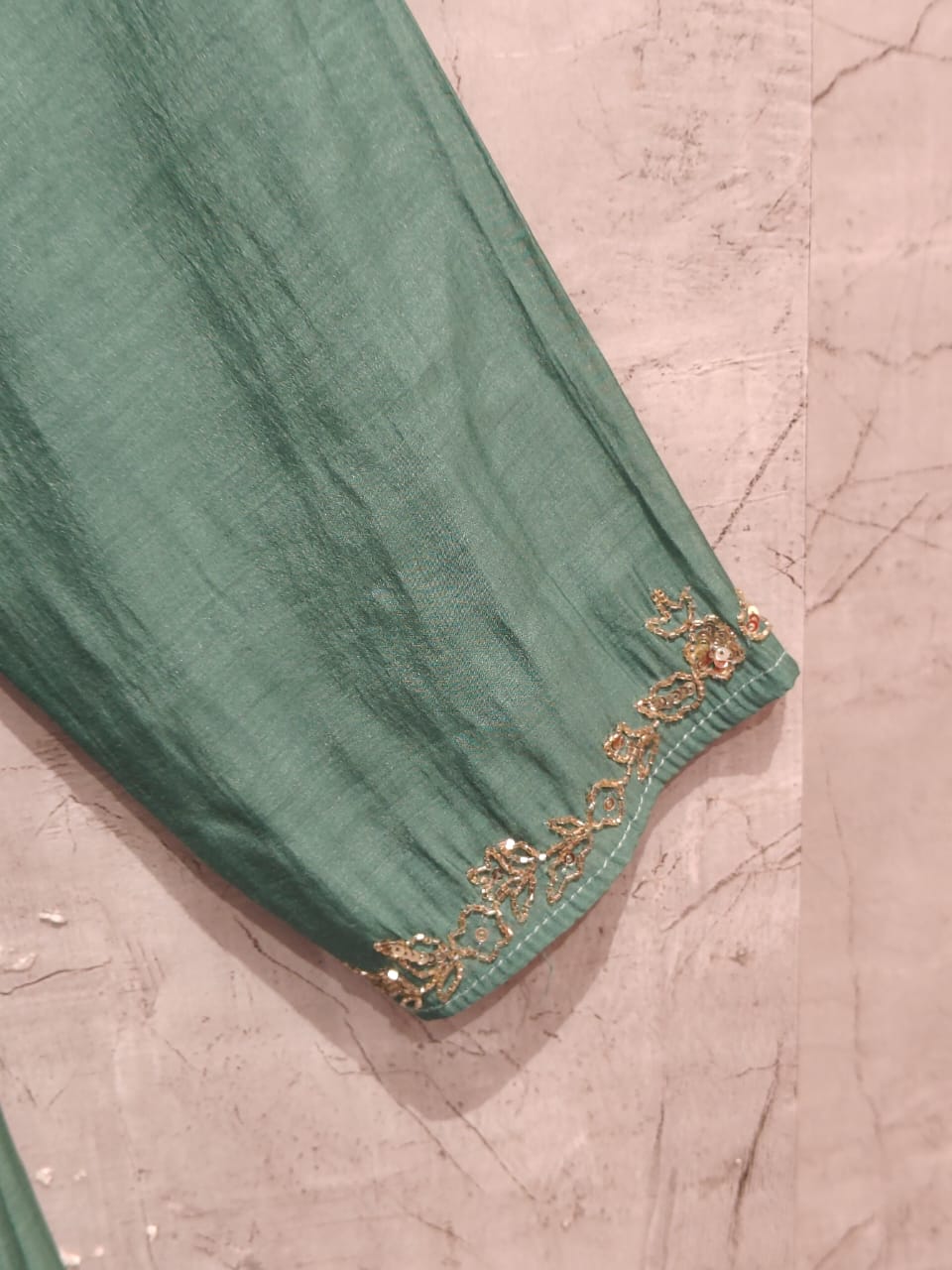 Green Mul Chanderi Silk Anarkali Handwork Kurtha Set 111