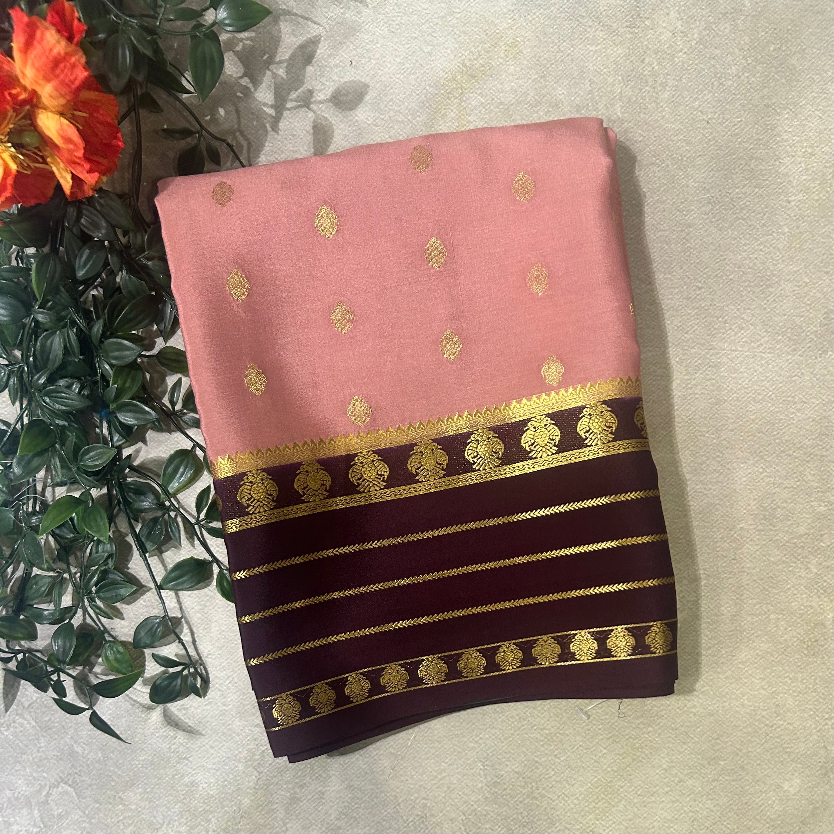 Pastel brown. Stripes border pure Mysore silk 104 saree