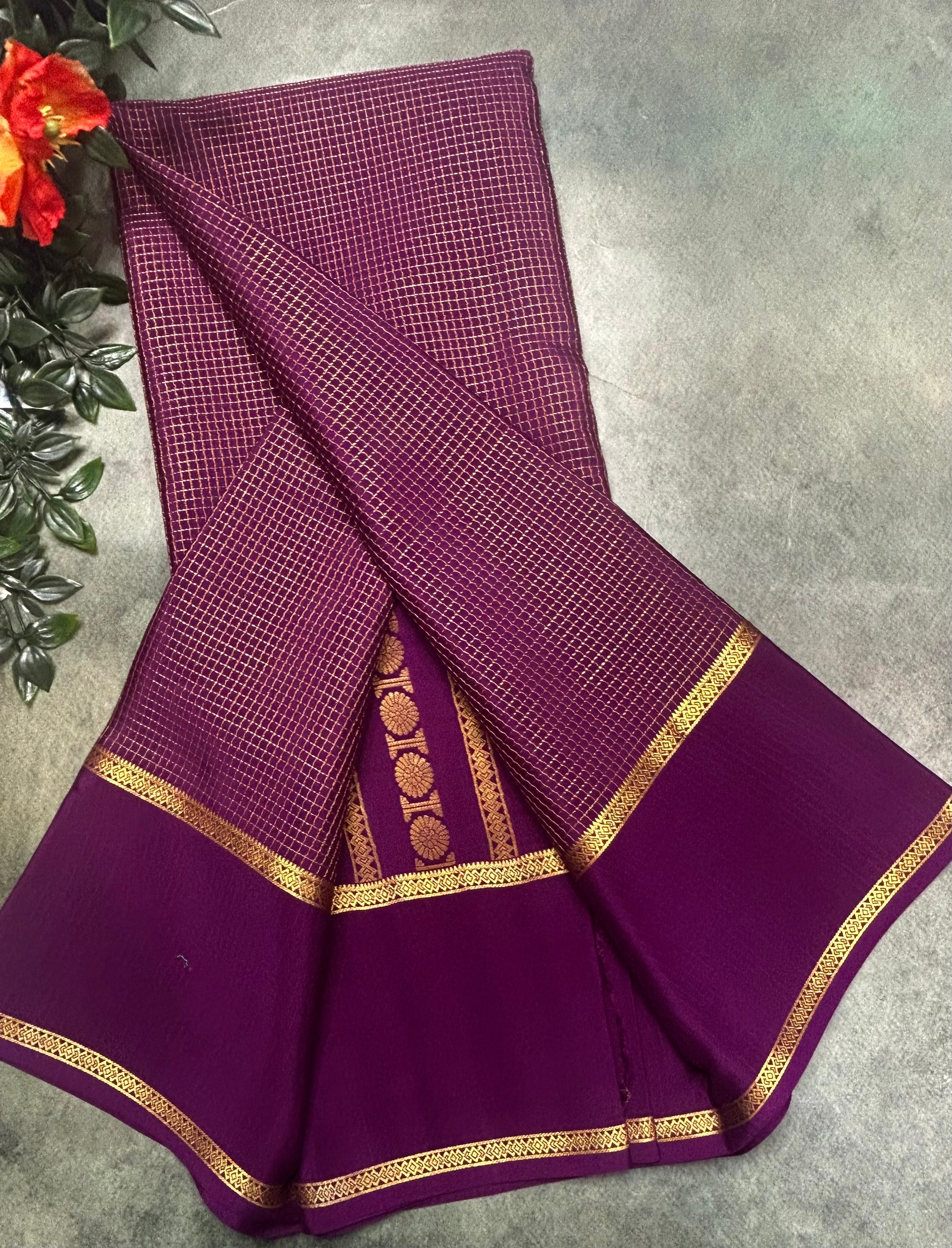 Dark Purple small checks n bentex border pure Mysore silk 105 saree
