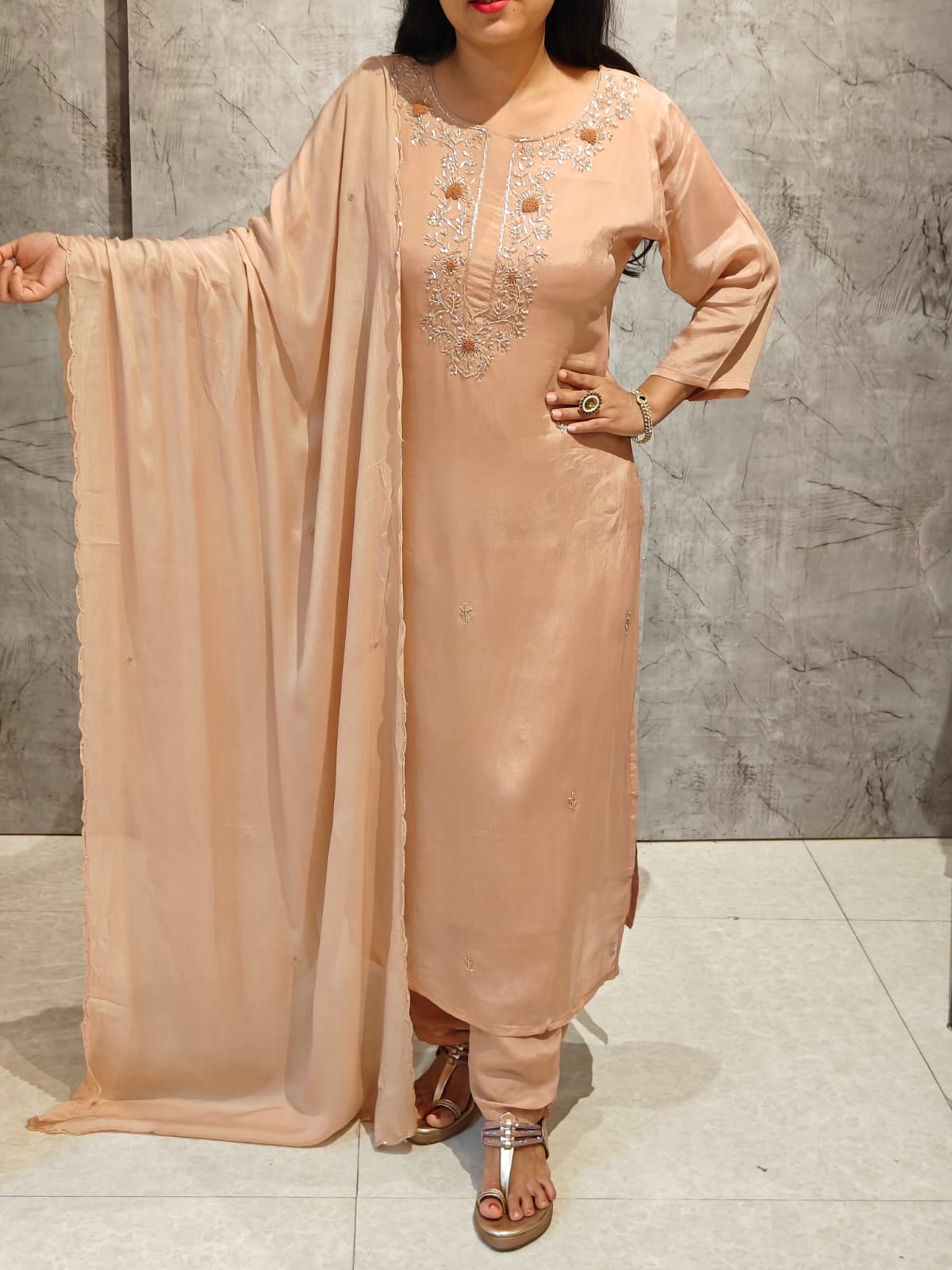 Peach Chinnon Hand Embroidery Straight Fit Kurtha 904