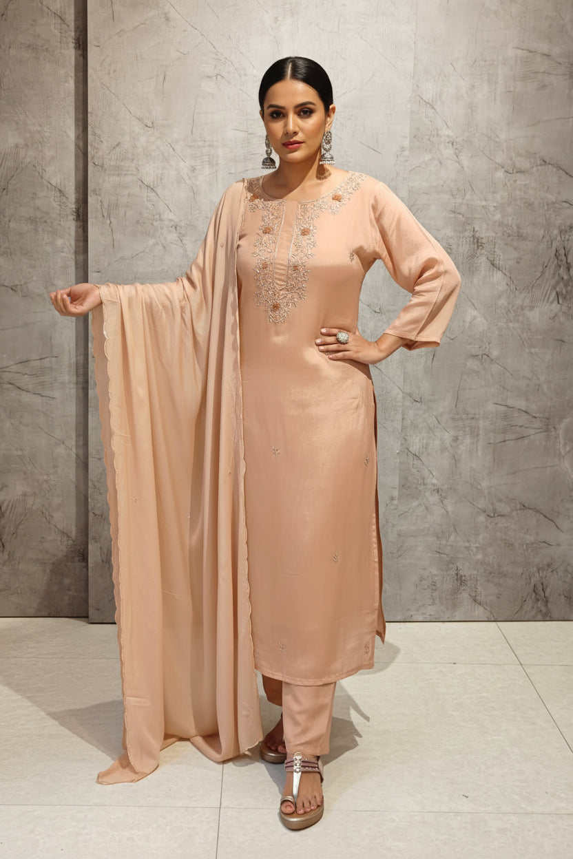 Peach Chinnon Hand Embroidery Straight Fit Kurtha 904
