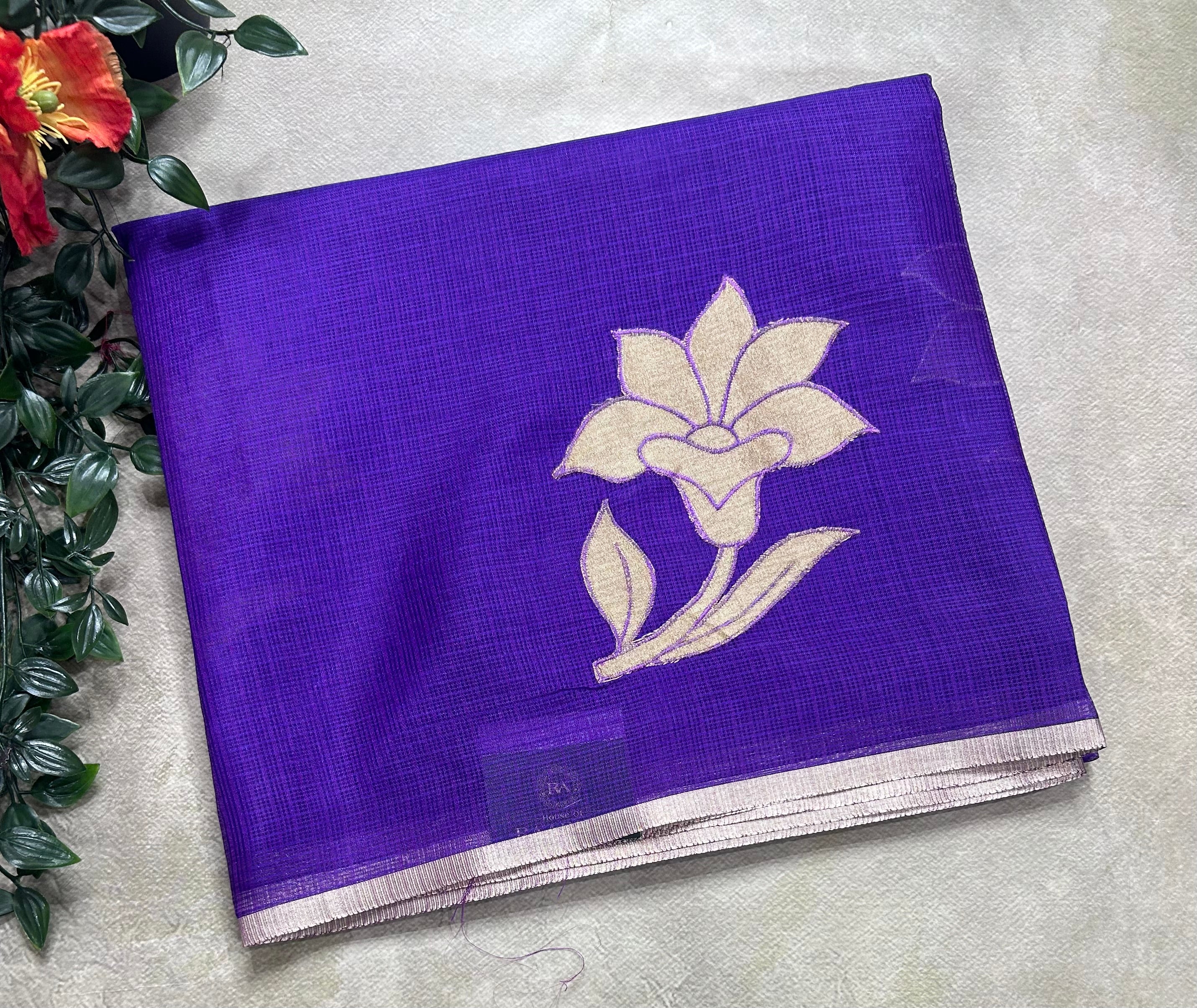 Purple kota checks appliqué work 106 saree