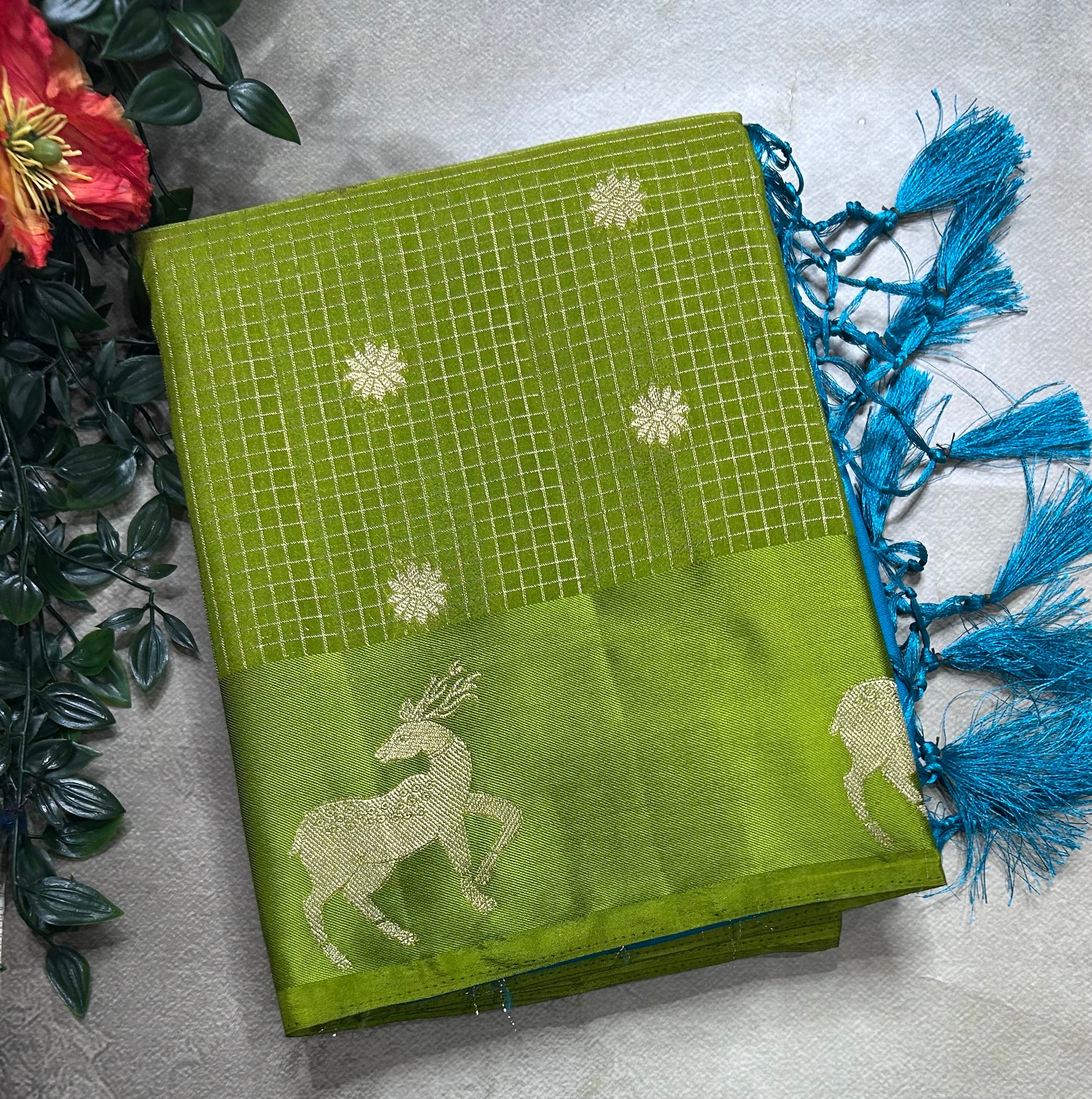 Green small checks semi Mysore crepe 106 saree