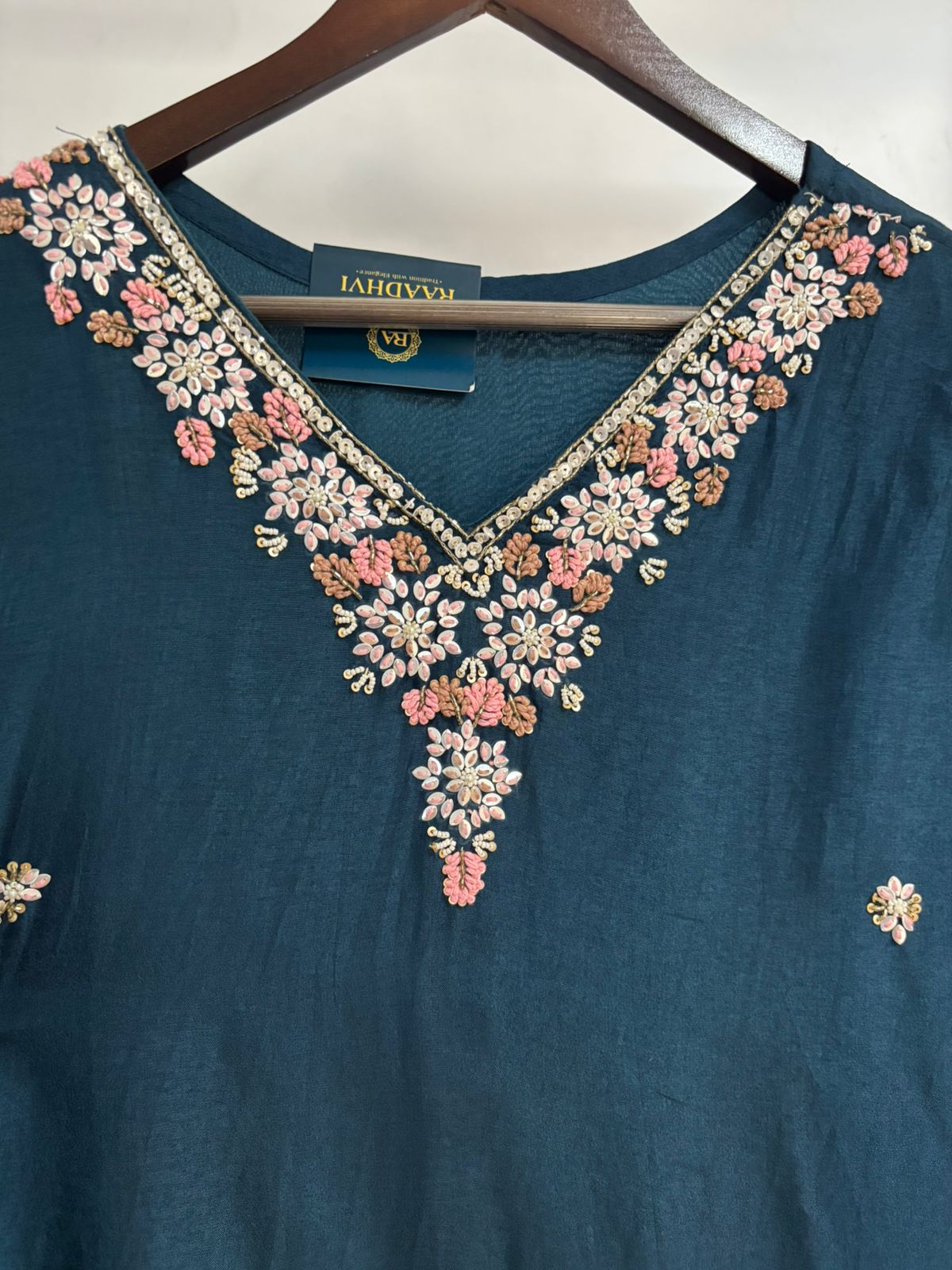 Peacock Blue Silk Thread Embroidery Work Straight Fit Kurtha 230