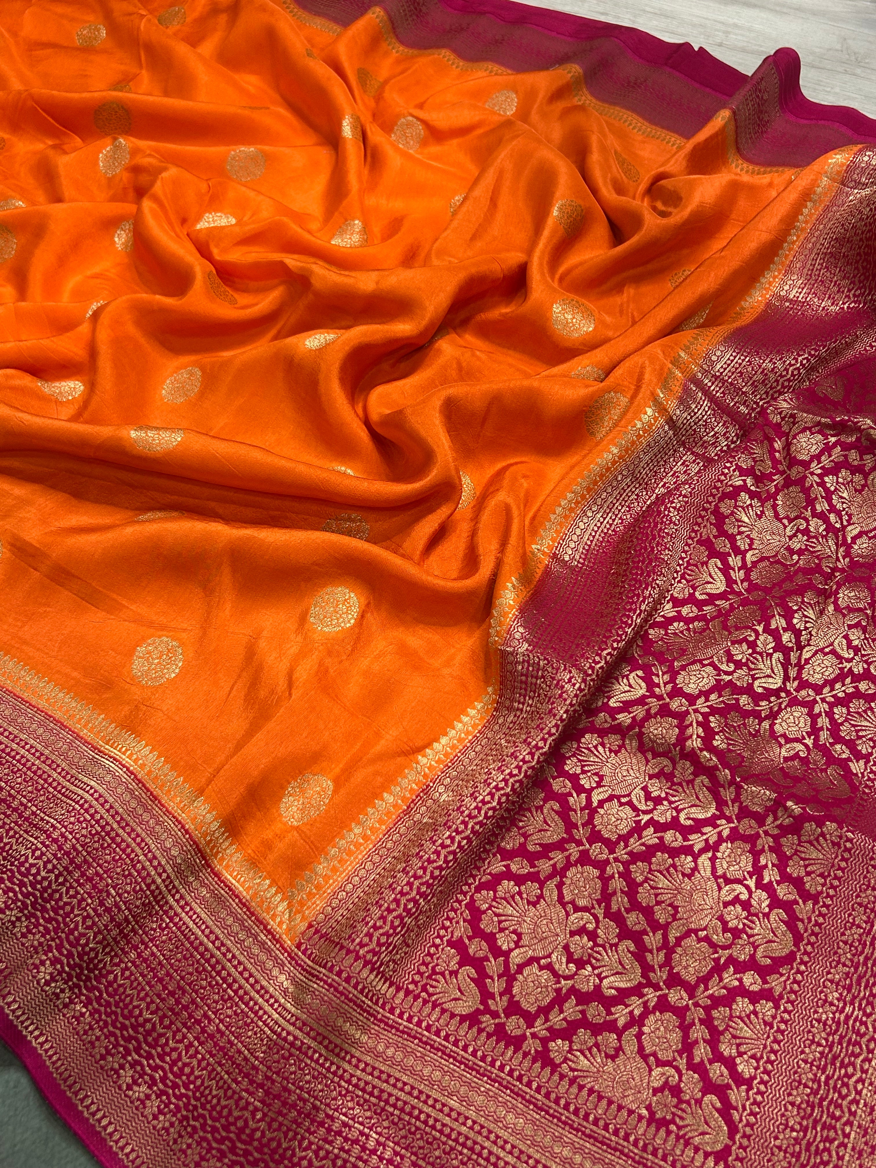 Orange n pink vintage Butta dola crepe 104 saree