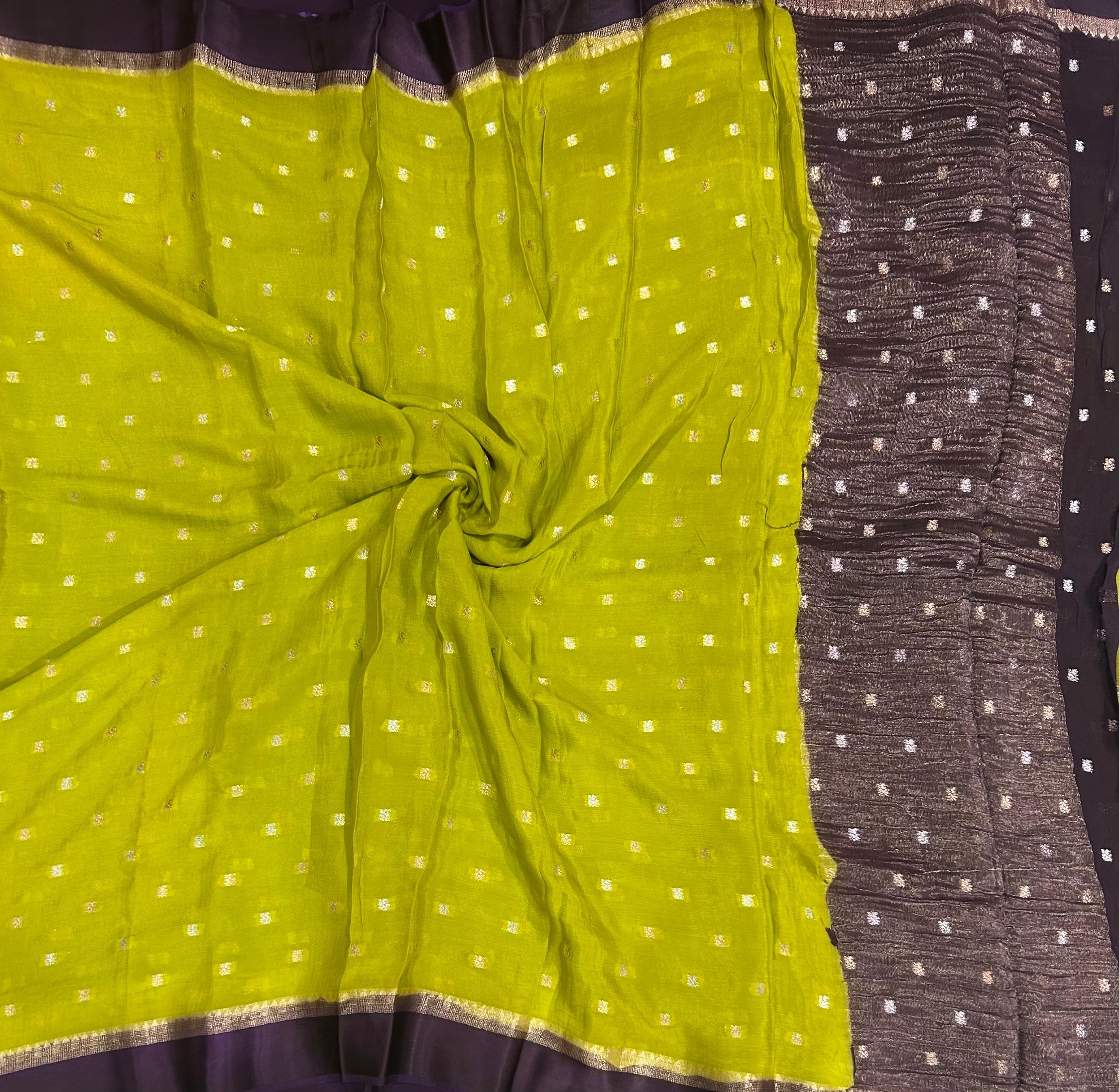 Neon green satin border chinnon 104 saree