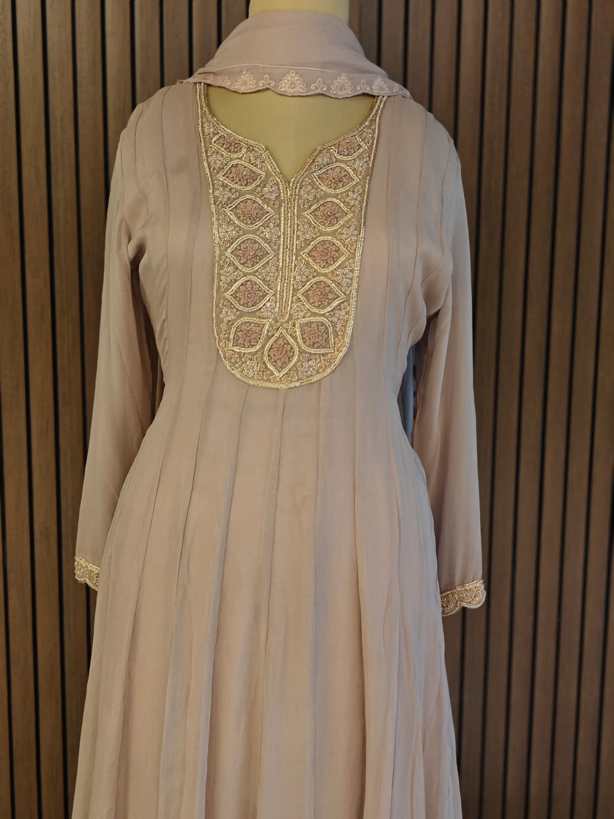 Onion Pink Chinnon Hand Embroidery Gown Kurtha 567