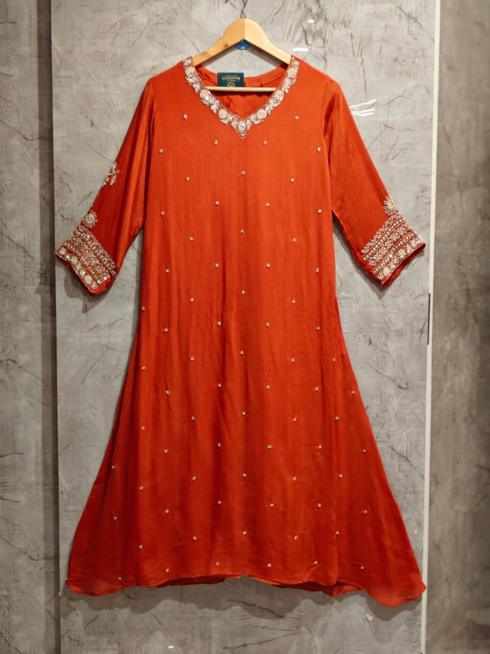 Orange Anarkali Chinnon Hand Embroidery Kurtha 16
