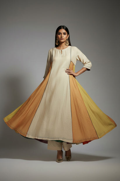 Cream MUL CHANDHERI Handwork Partyware Kurtha 225