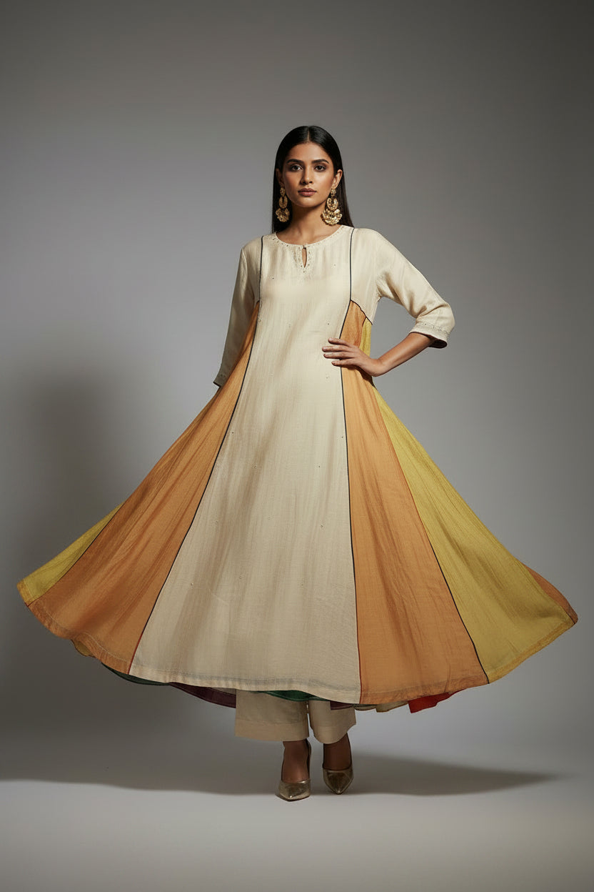 Cream MUL CHANDHERI Handwork Partyware Kurtha 225