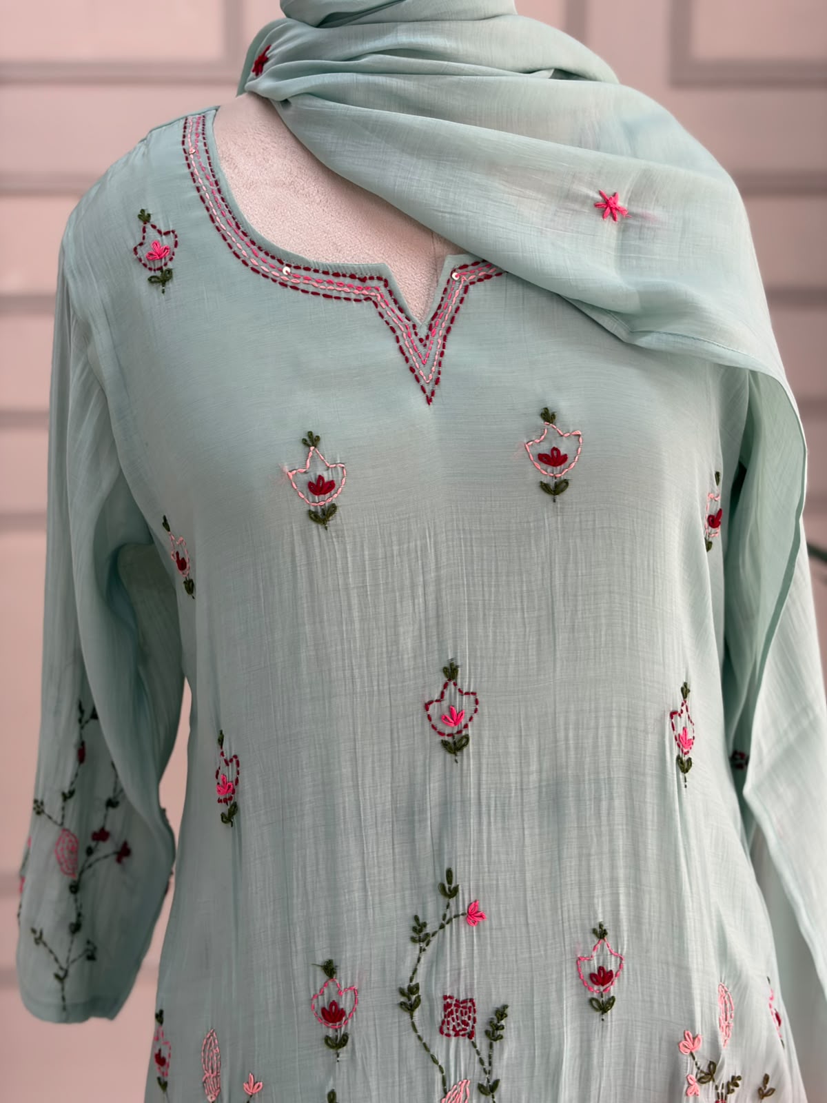Sky Blue MUL CHANDHERI Handwork Partyware Kurtha 225