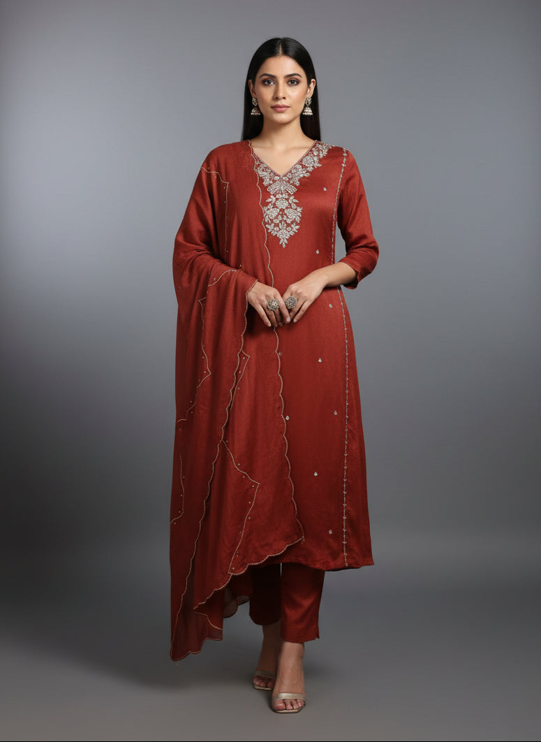 Brown Chinnon Hand Embroidery Airline Kurtha 444