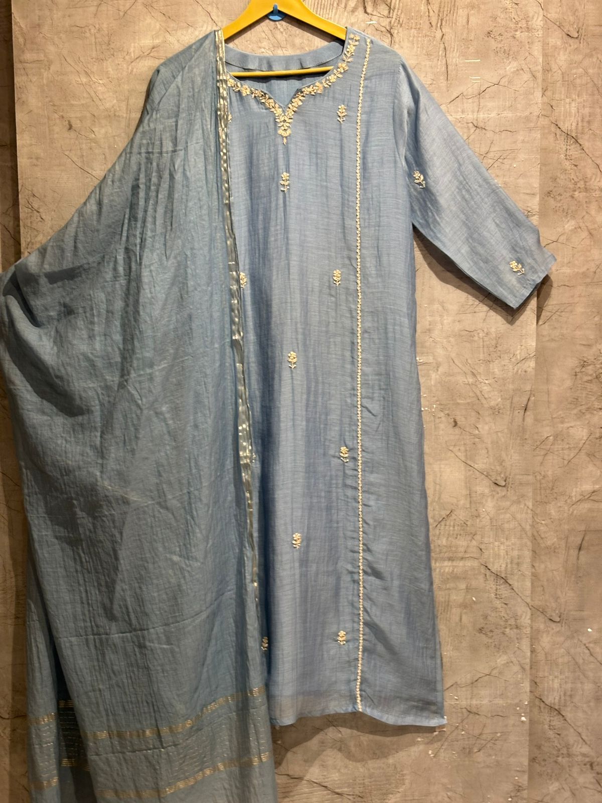 Blue Mul Chanderi embroidery Kurtha set