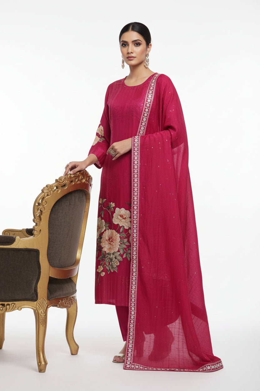 Pink muslin floral embroidery Straight fir Kurtha