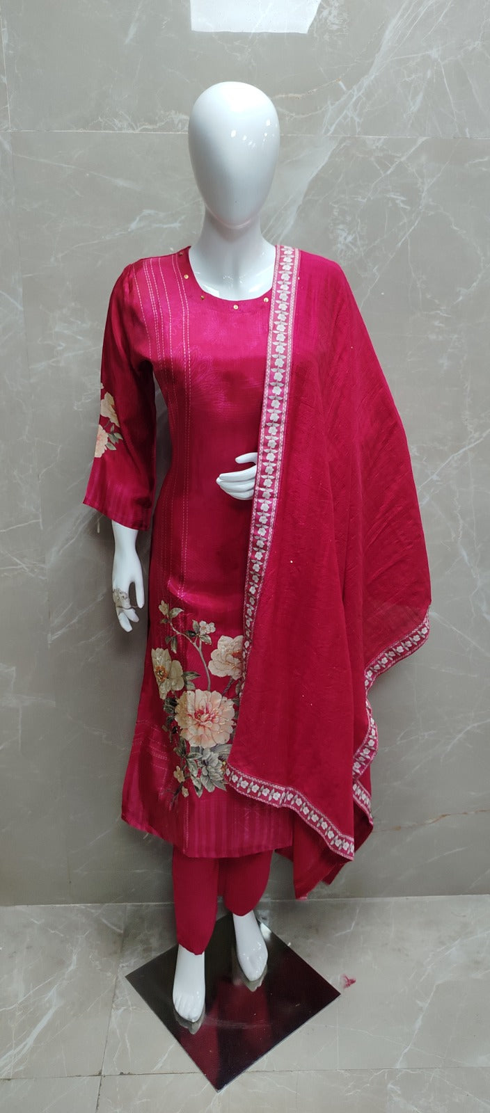 Pink muslin floral embroidery Straight fir Kurtha
