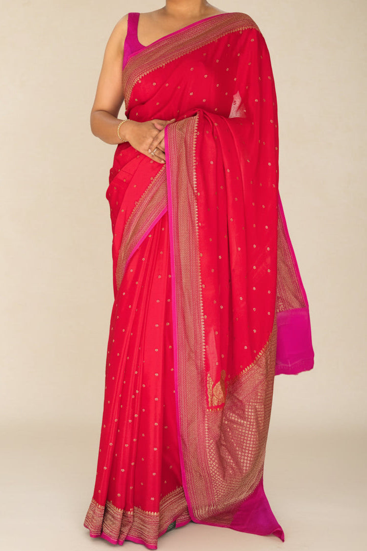 Red n pink small Butta pure Benarasi crepe 104 saree