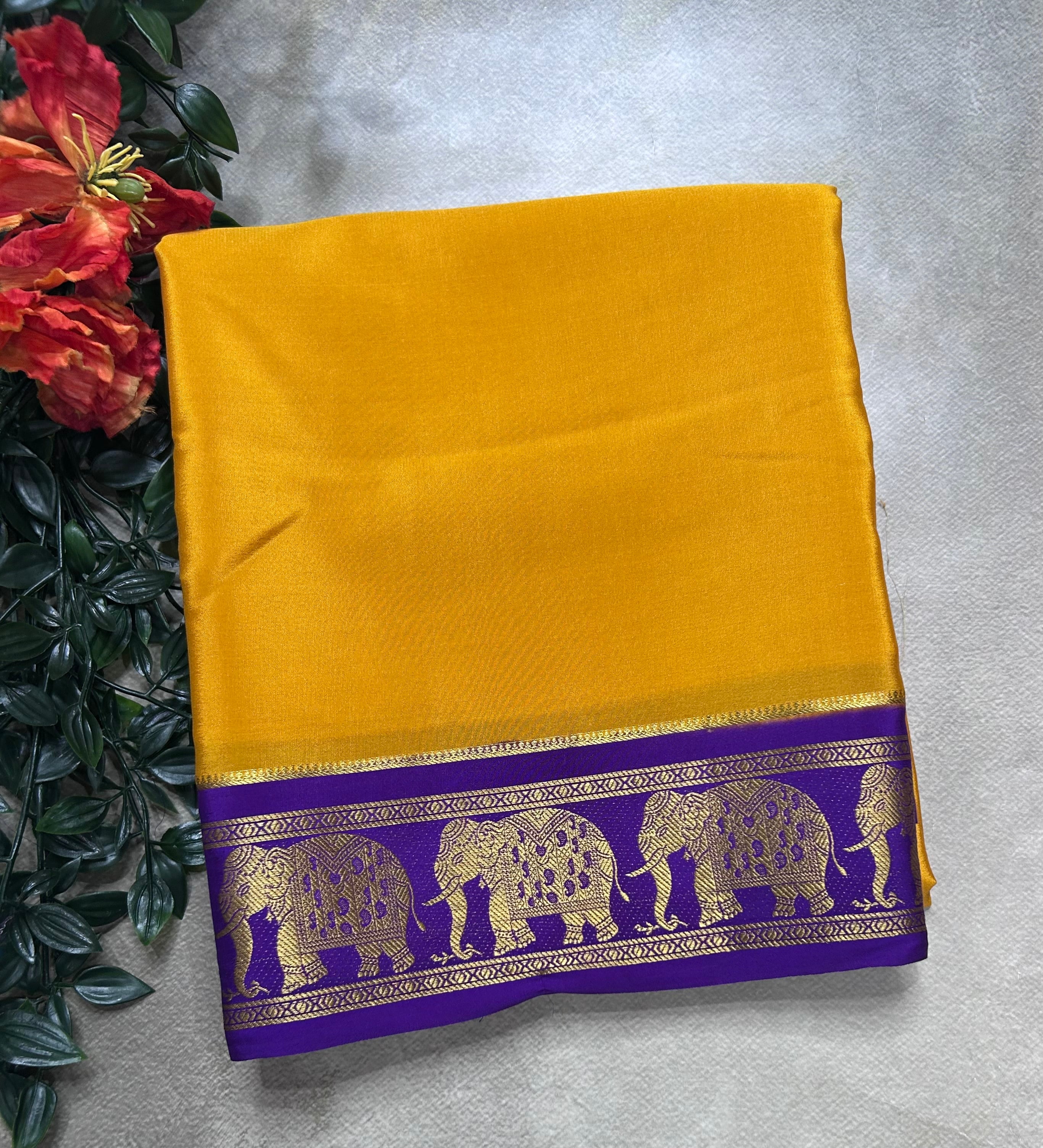 Mustard Yellow elephant small border pure mysore silk saree(YMS106)