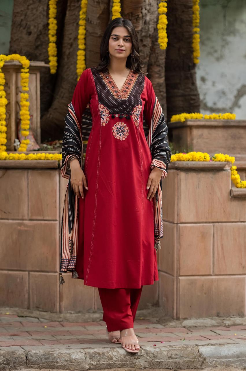 Red Cotton Designer Airline Kurtha 41