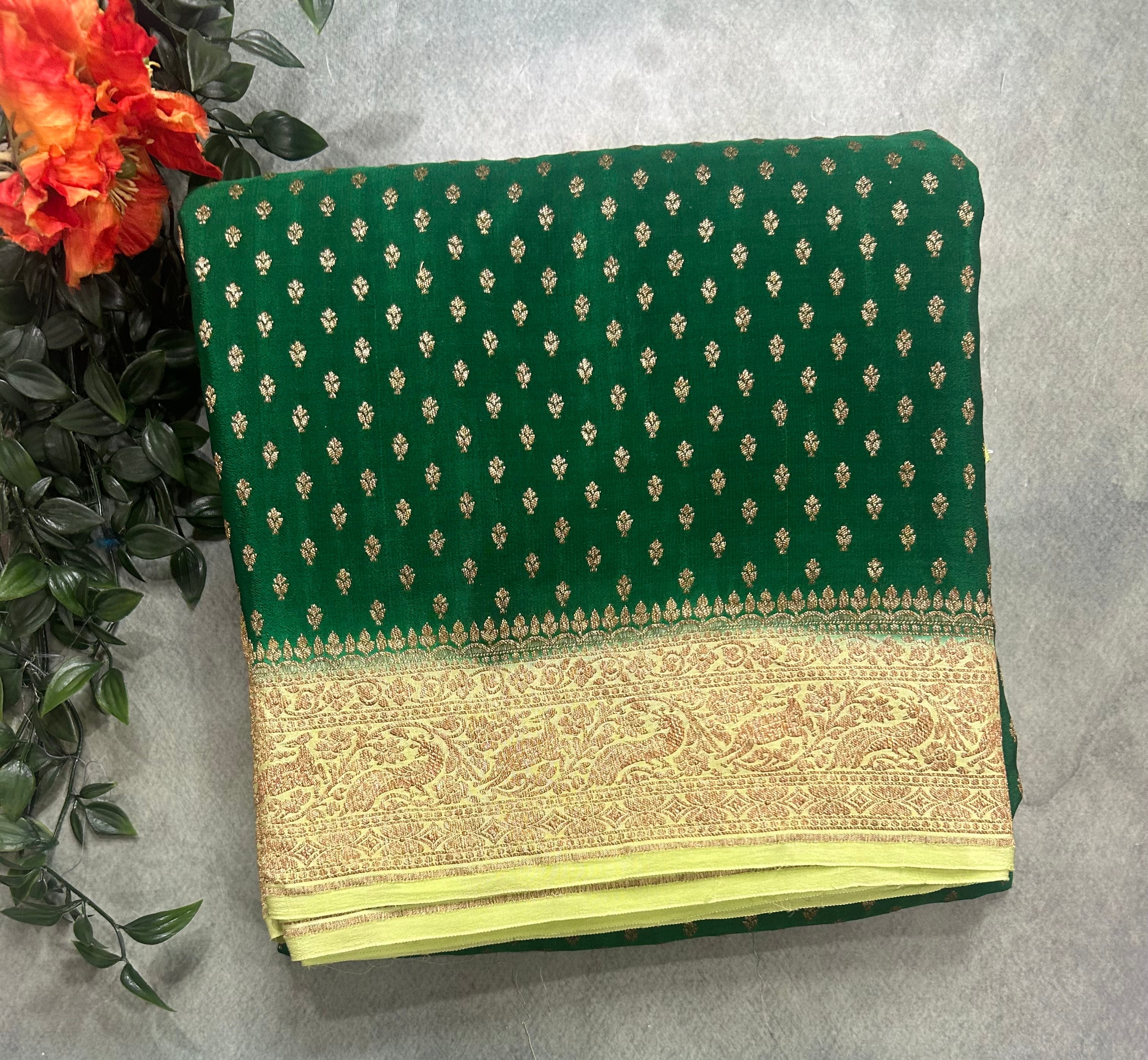 Bottle green small Butta pure Benarasi crepe 104 saree