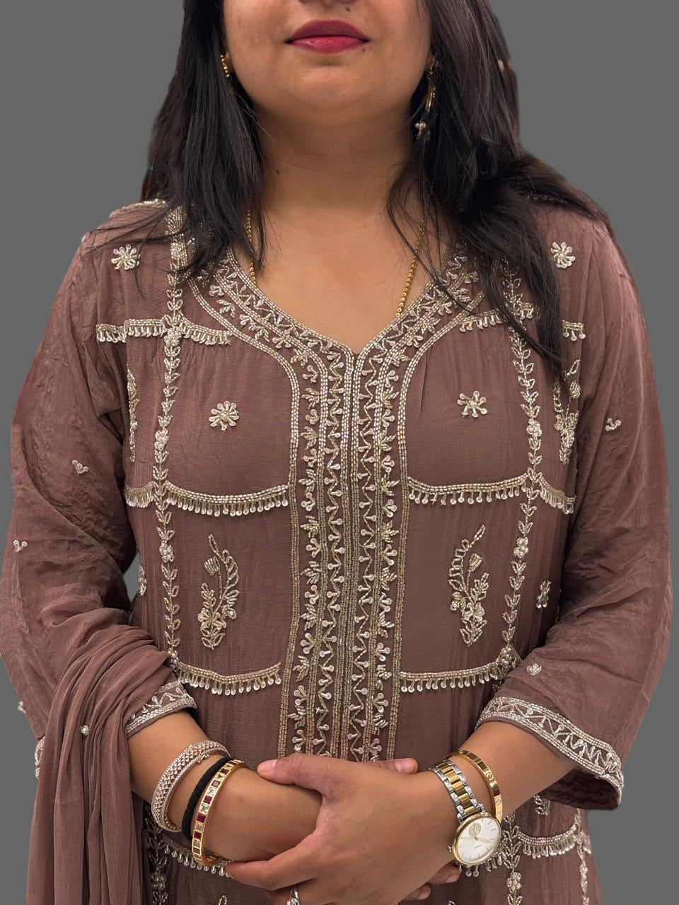 Brown Chinnon Hand Embroidery Sharara Kurtha 901