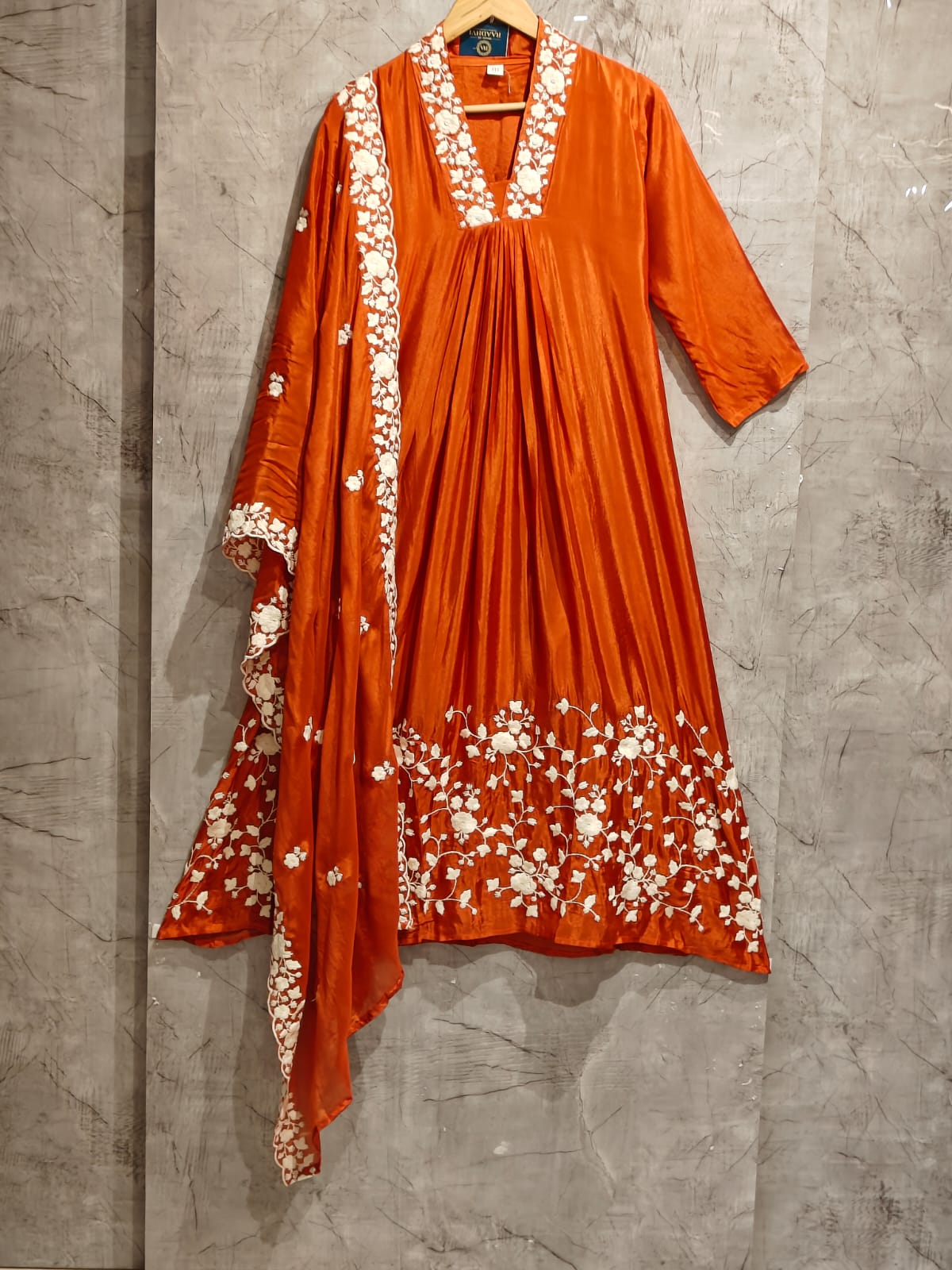 "Devi" Orange chinnon Embroidery 309 Airline handwork Kurtha plus size