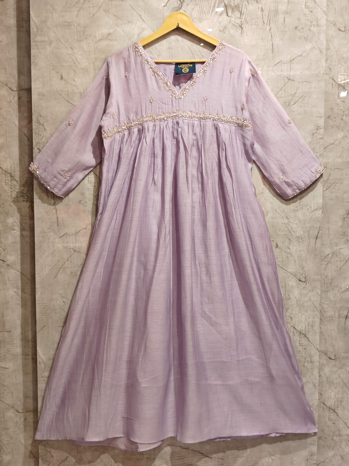 “Pani" Lilac Alia Cut Mul Chanderi silk Kurtha suit with work hand embroidery