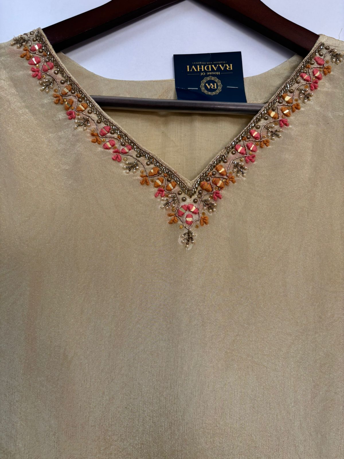 “Chandini" Cream Floral Tissue Shimmer Silk Straight Kurtha