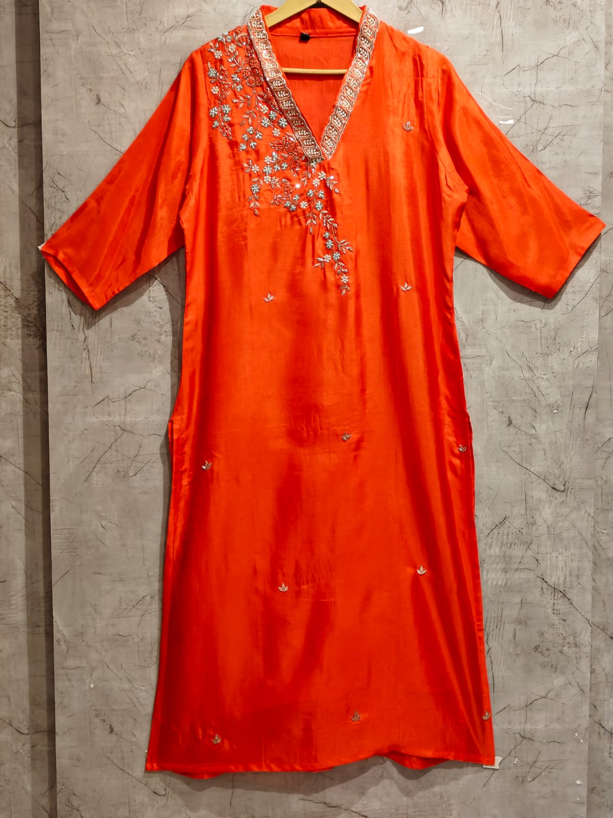 Orange Dola 05 silk Kurtha with Pearl handwork embriodery work
