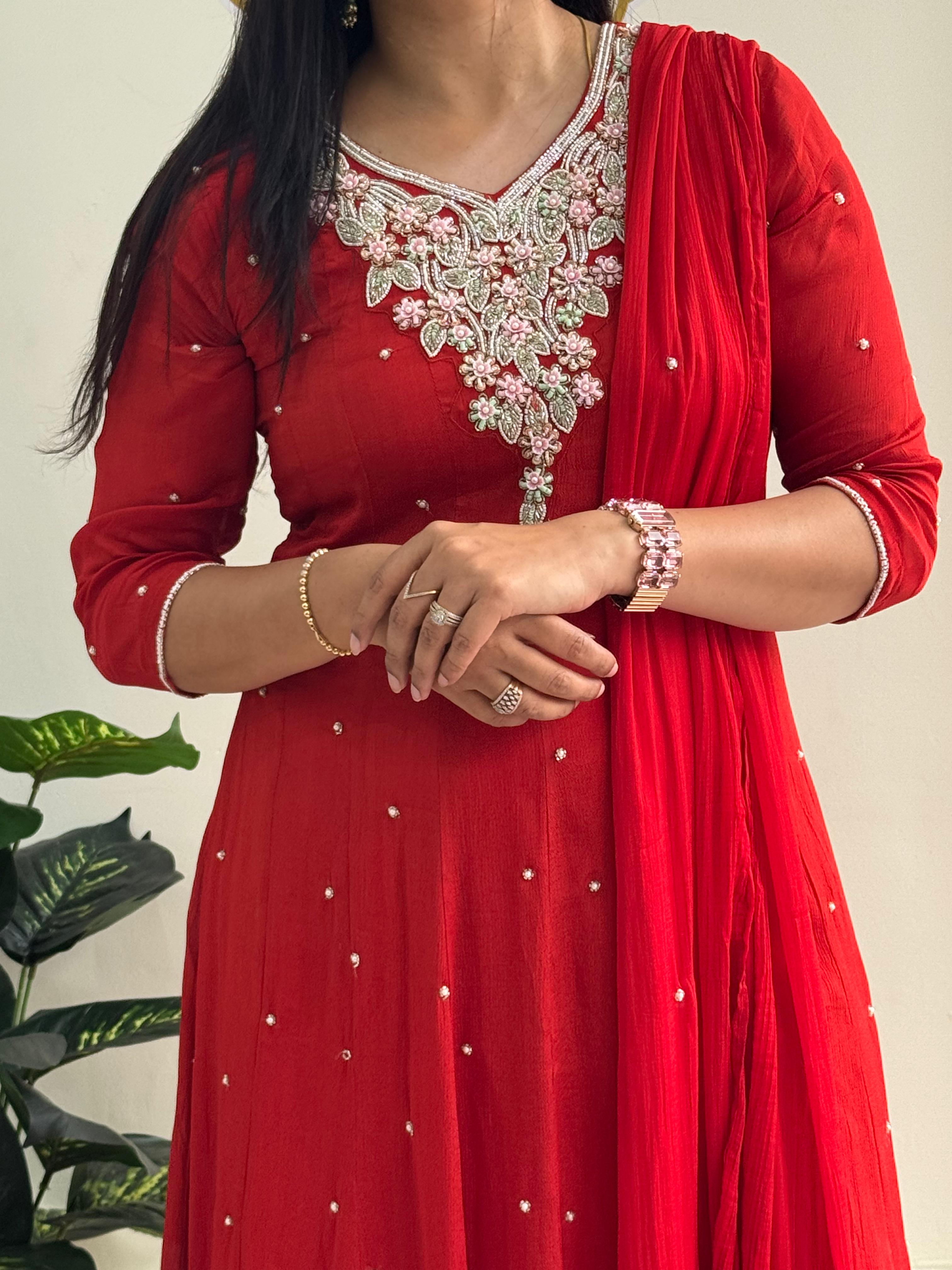 Red Anarkali Chinnon Handwork Partyware Kurtha 567