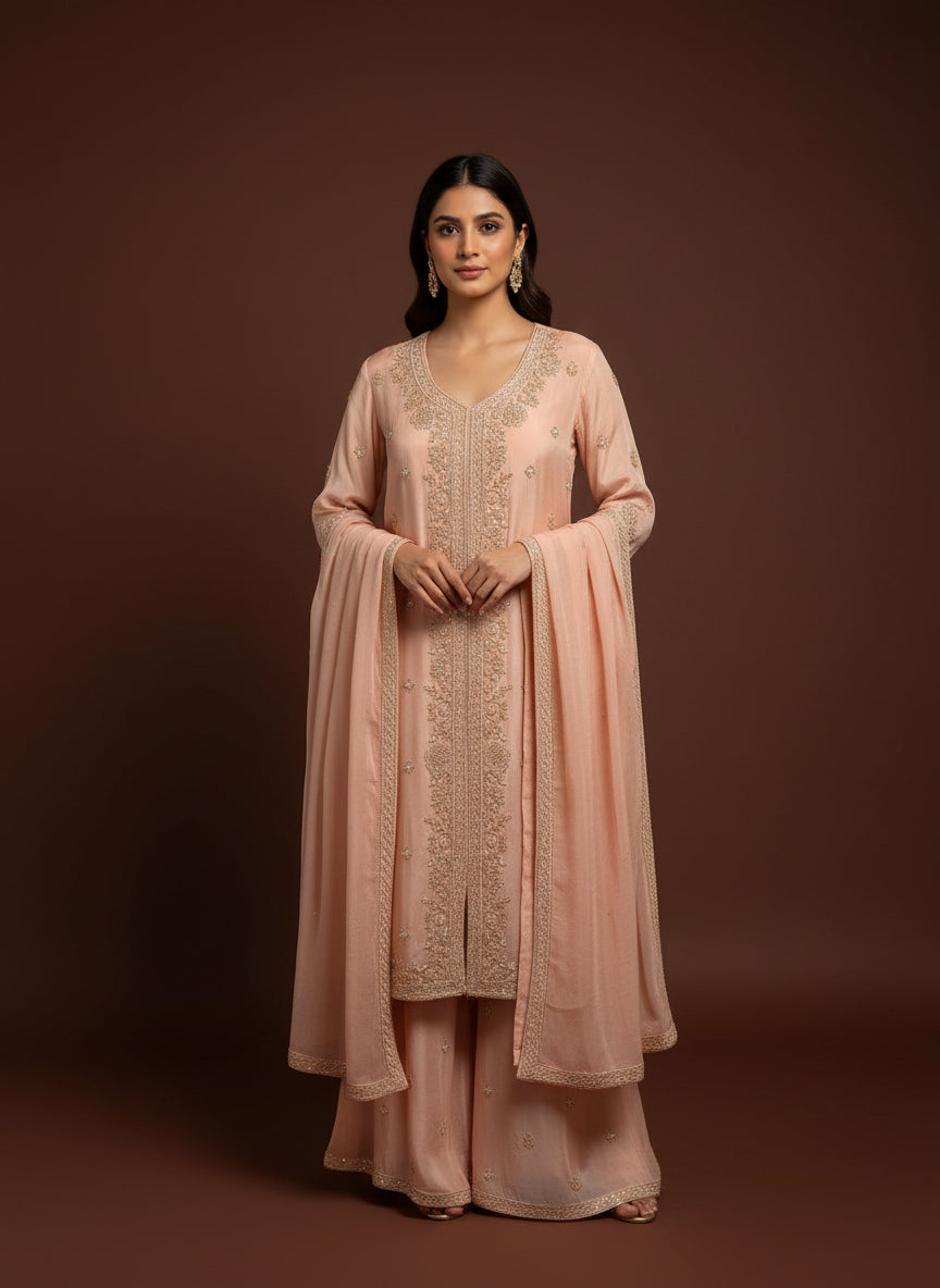 Baby Pink Chinnon Handwork Party Ware Kurtha 661