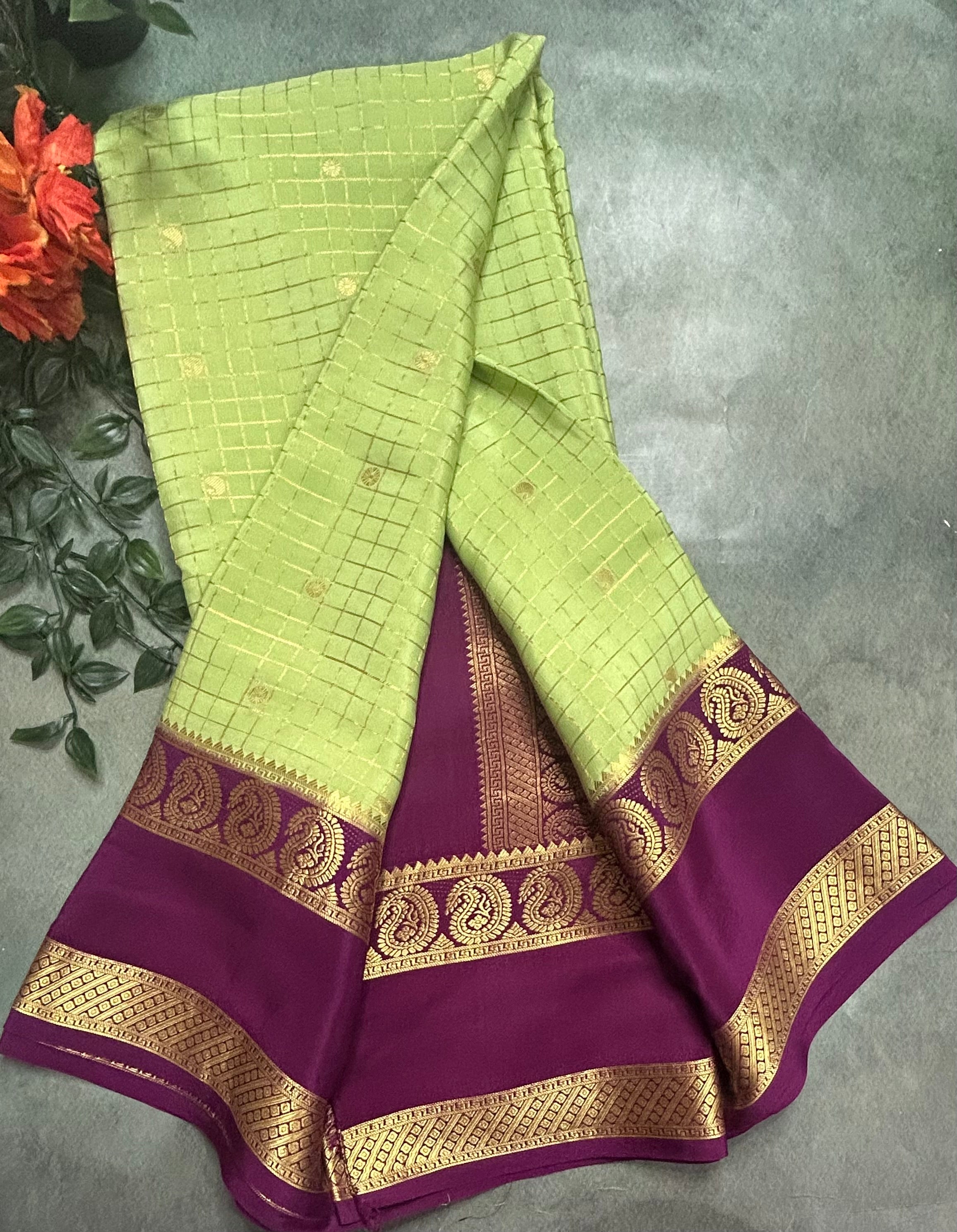 Pista green small checks pure Mysore silk 105 saree