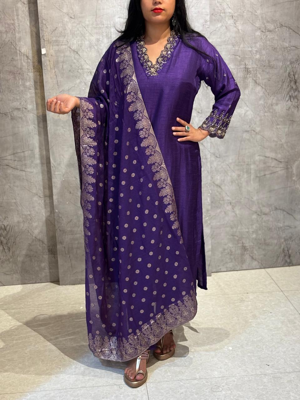 Purple  Dola Silk Kurtha 66 Hand Embroidery  with Banarasi Dupatta
