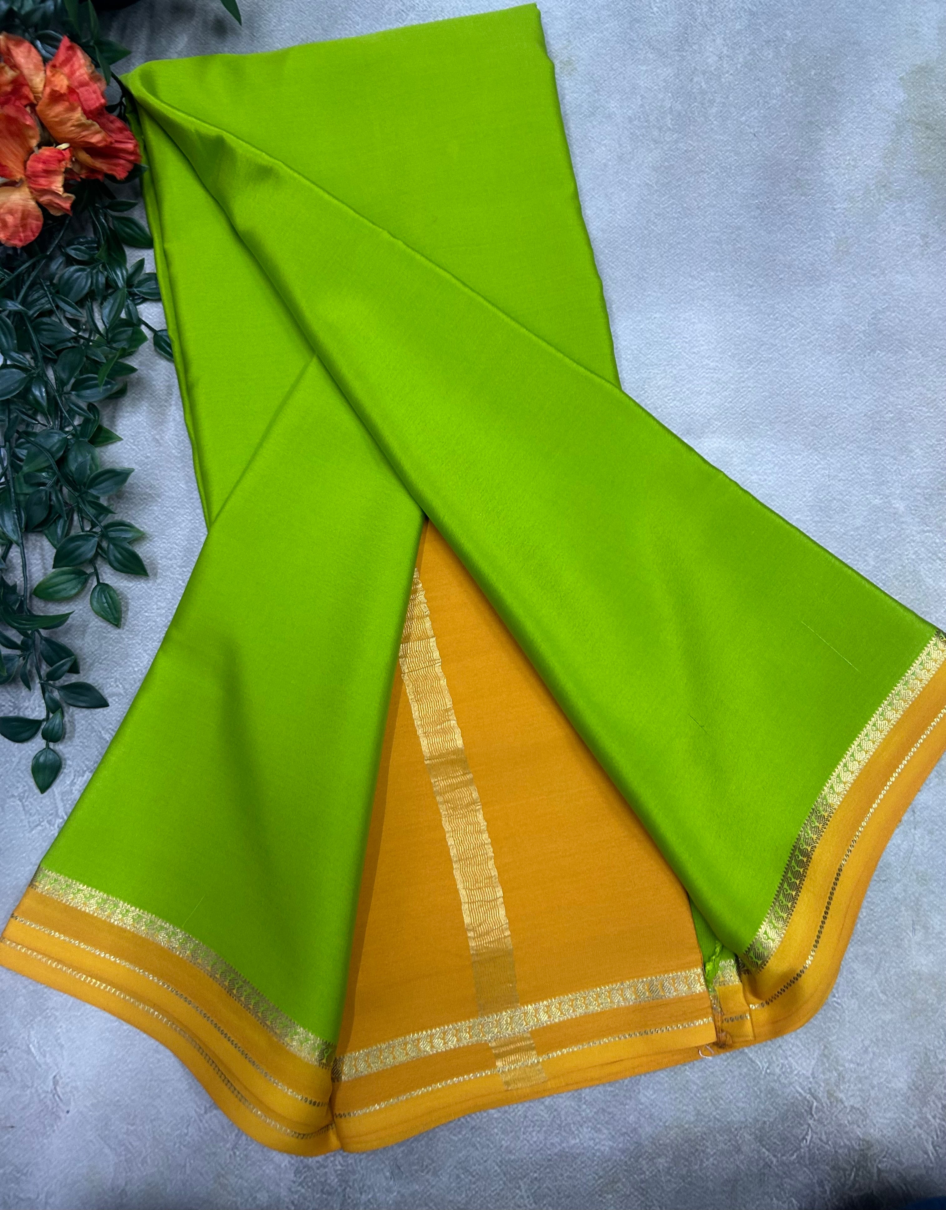 Neon Green small border pure Mysore silk 103 saree