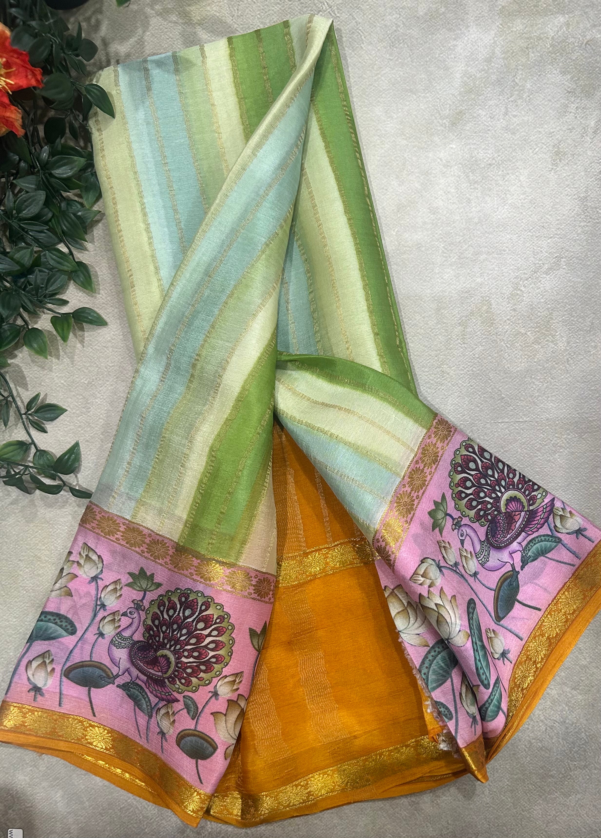 Rankart kalamkari border pure wrinkle 103 crepe silk saree