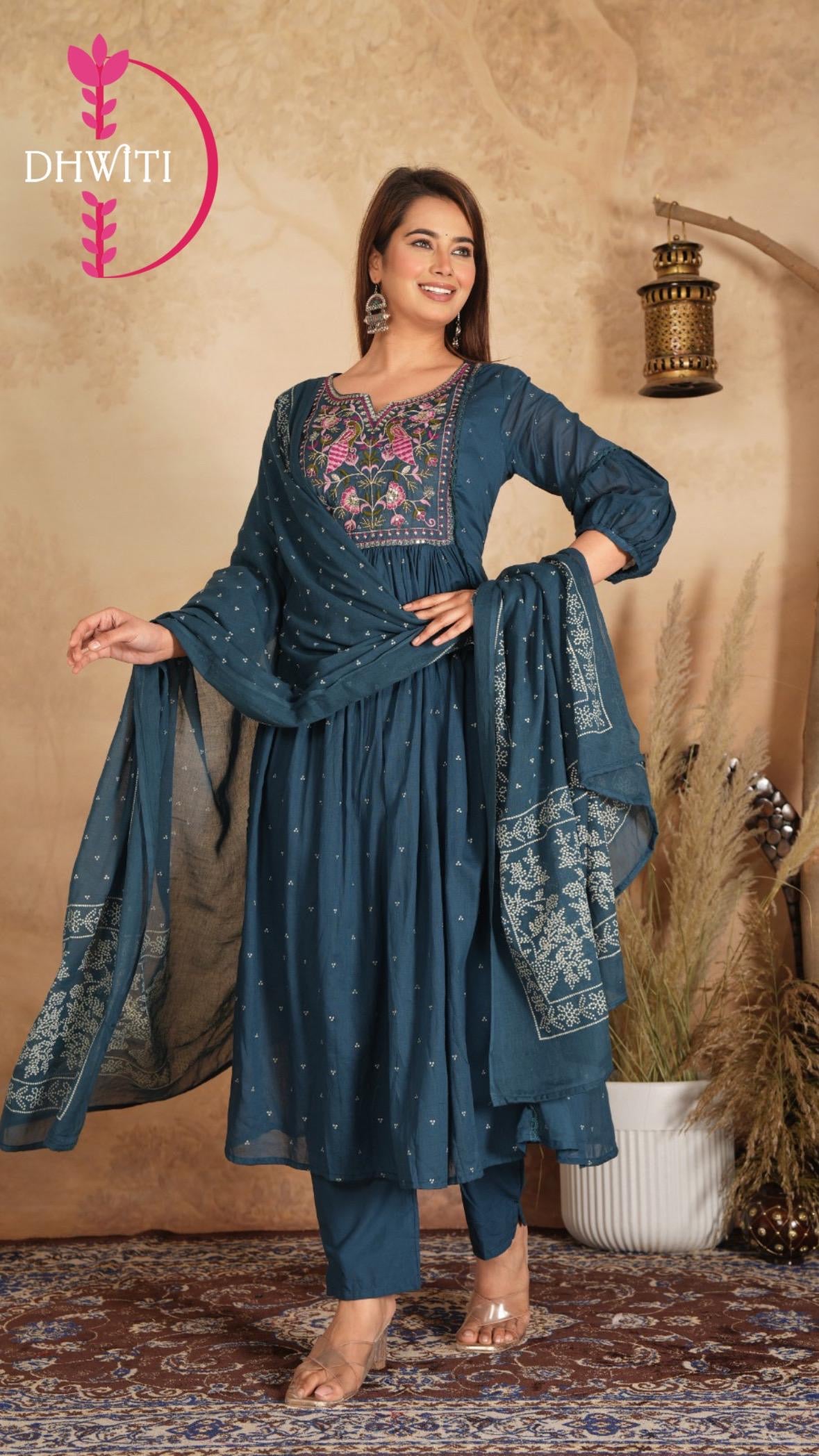 “Naya” Blue Mul cotton with hand work Anarkali suit kurtha with dupatta