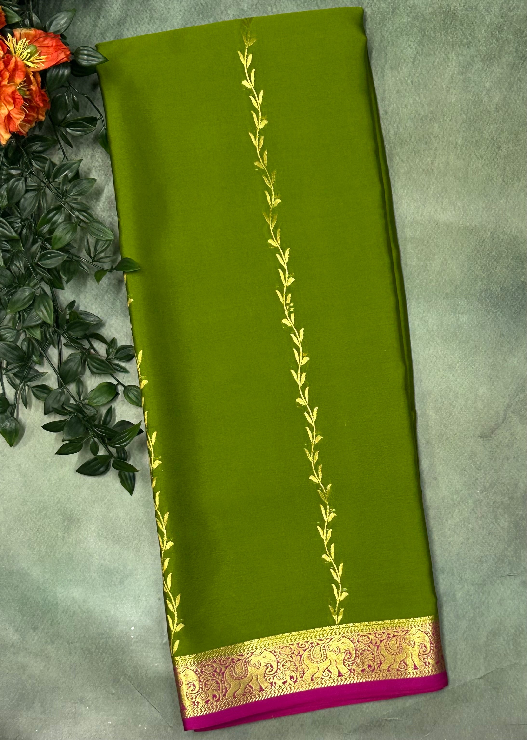 Leaf green n pink green  partly pallu Pure Mysore silk crepe 103 Saree