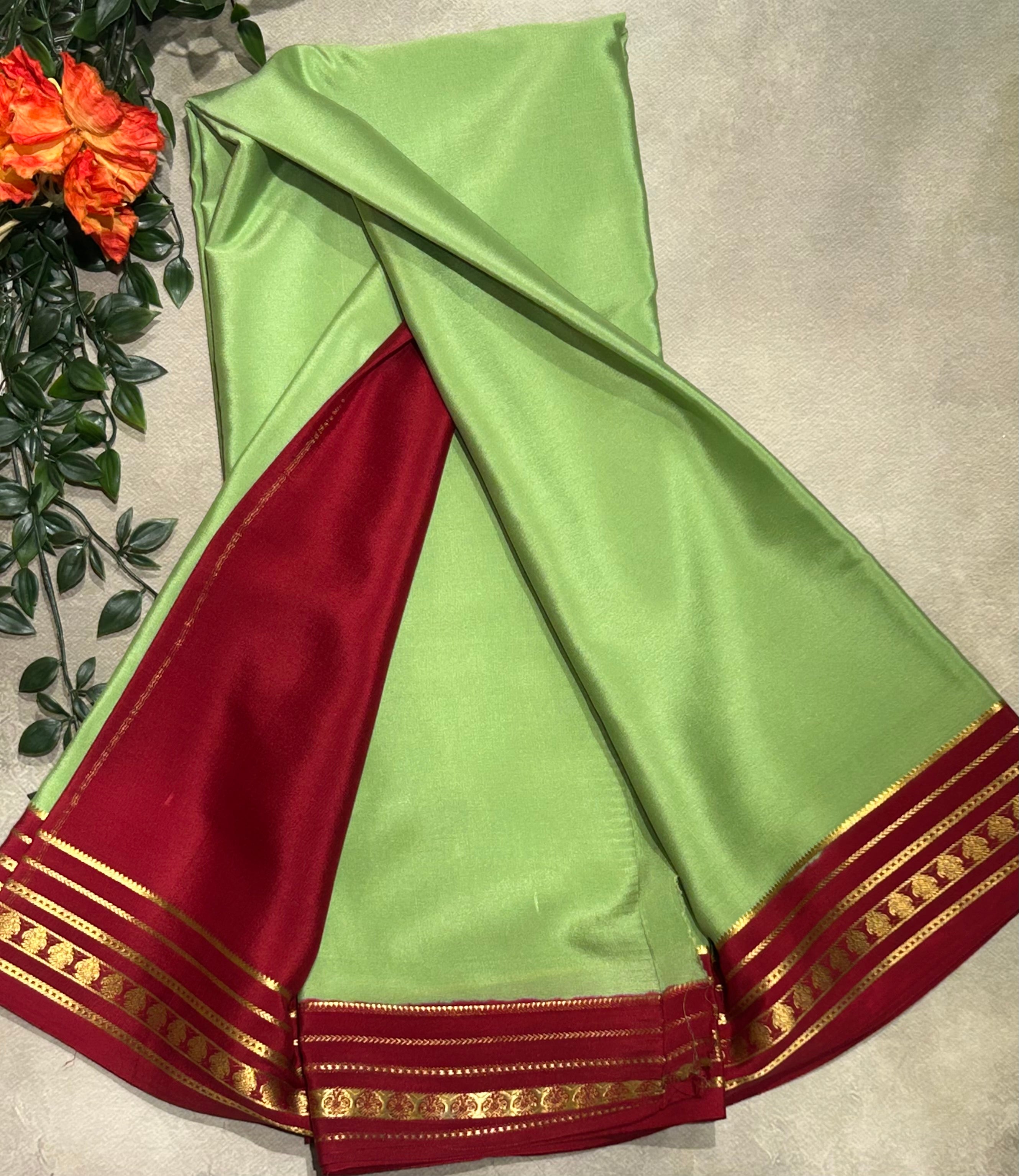 Pastel green stripes border pure Mysore silk-103 saree