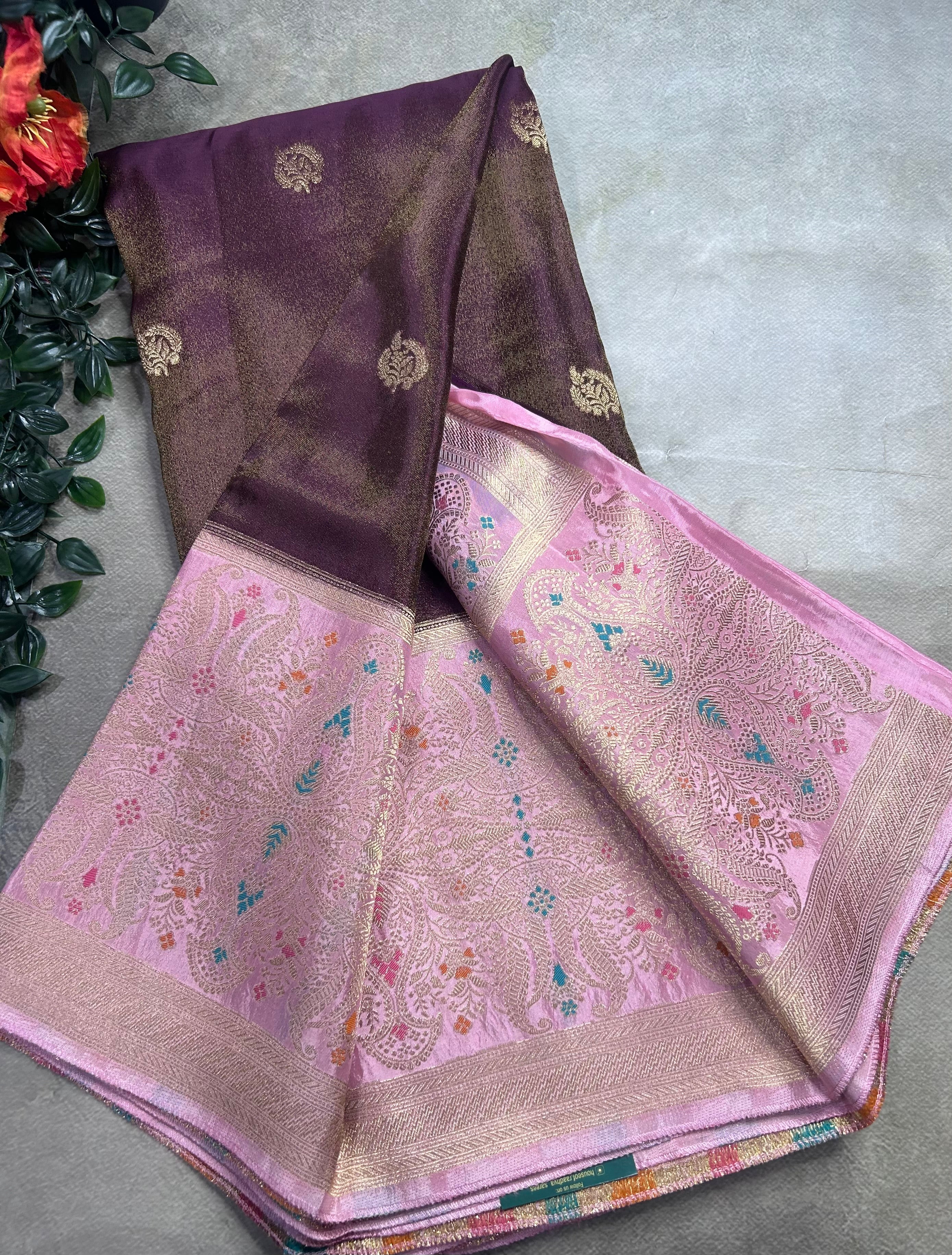Wine contrast long border soft semi tissue crepe 106 saree