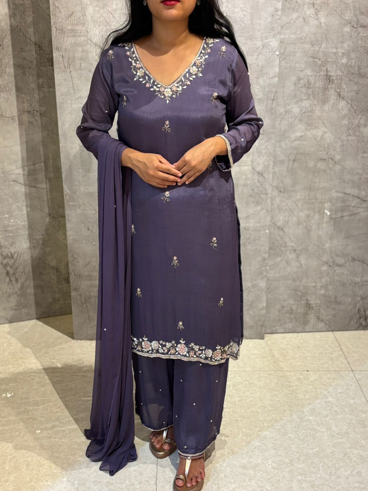 "Boomi" Dark Lavender Designer Hand Embroidery Sharara party Kurtha set