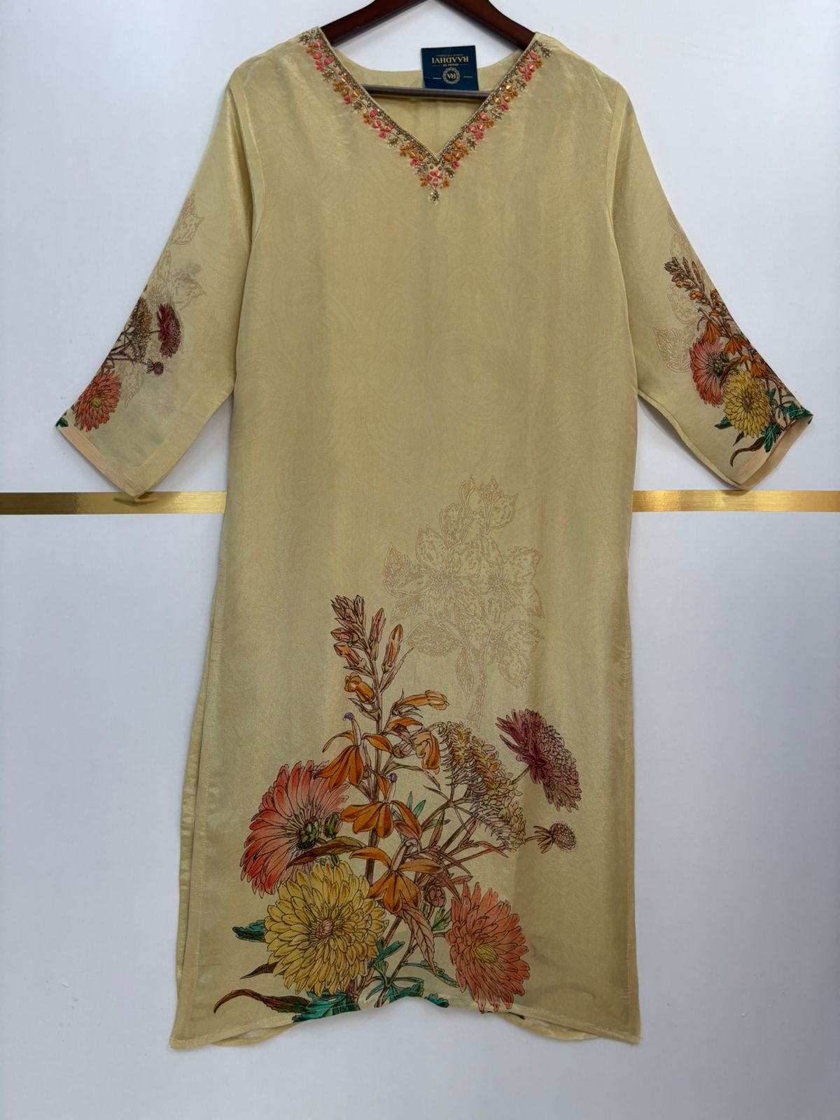 “Chandini" Cream Floral Tissue Shimmer Silk Straight Kurtha