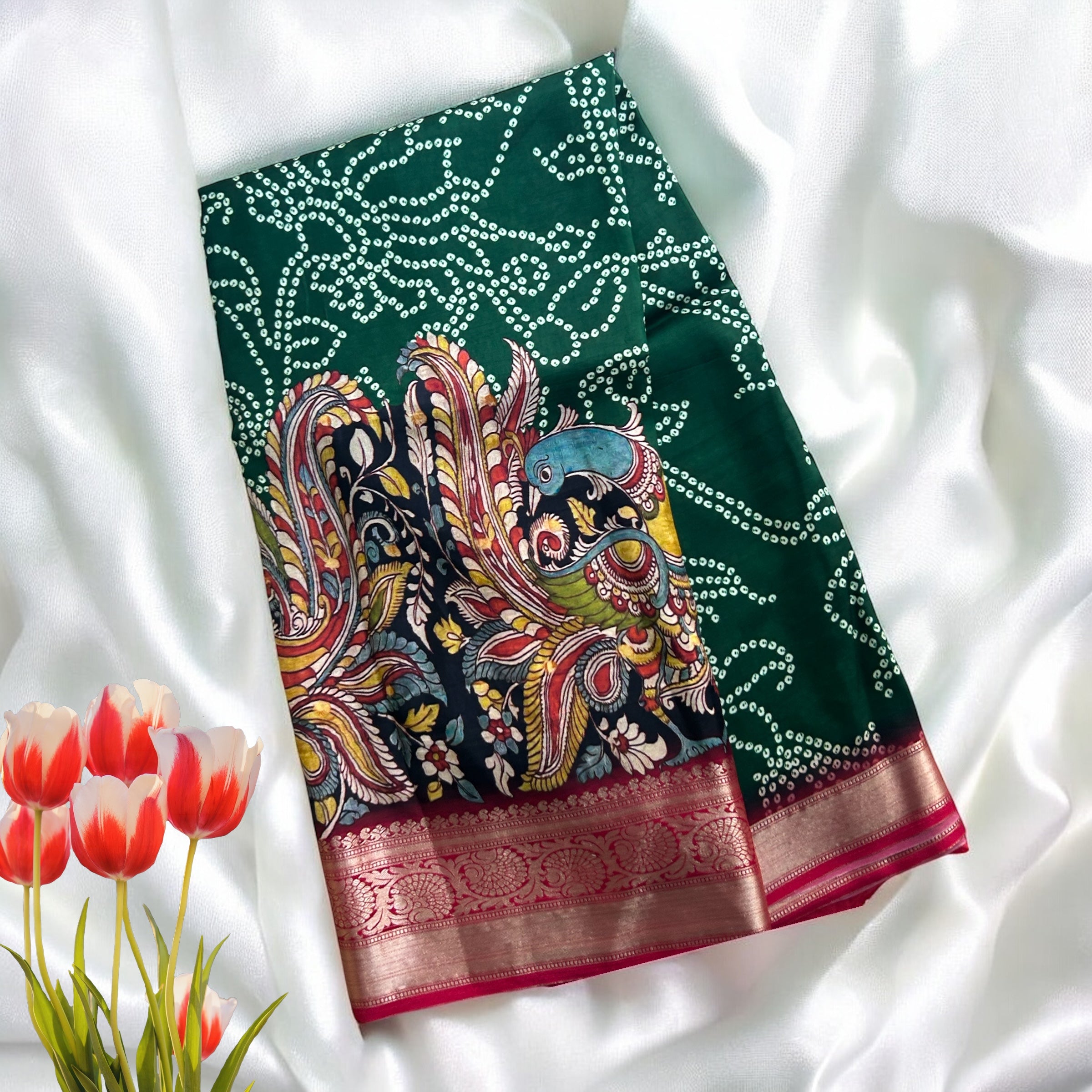 Green BB kalamkari printed pure chanderi saree