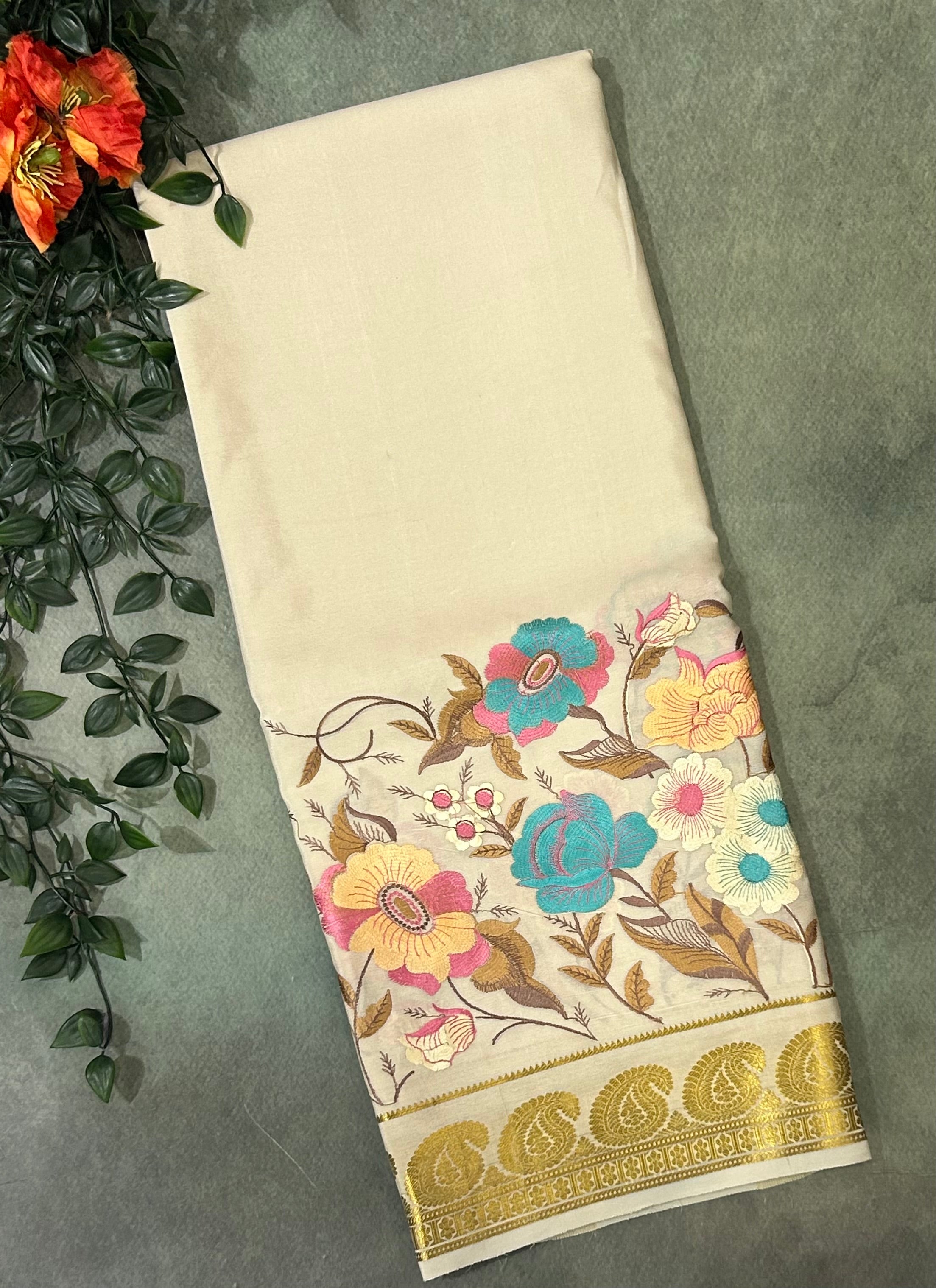 Beige embroidery pure Mysore crepe silk saree