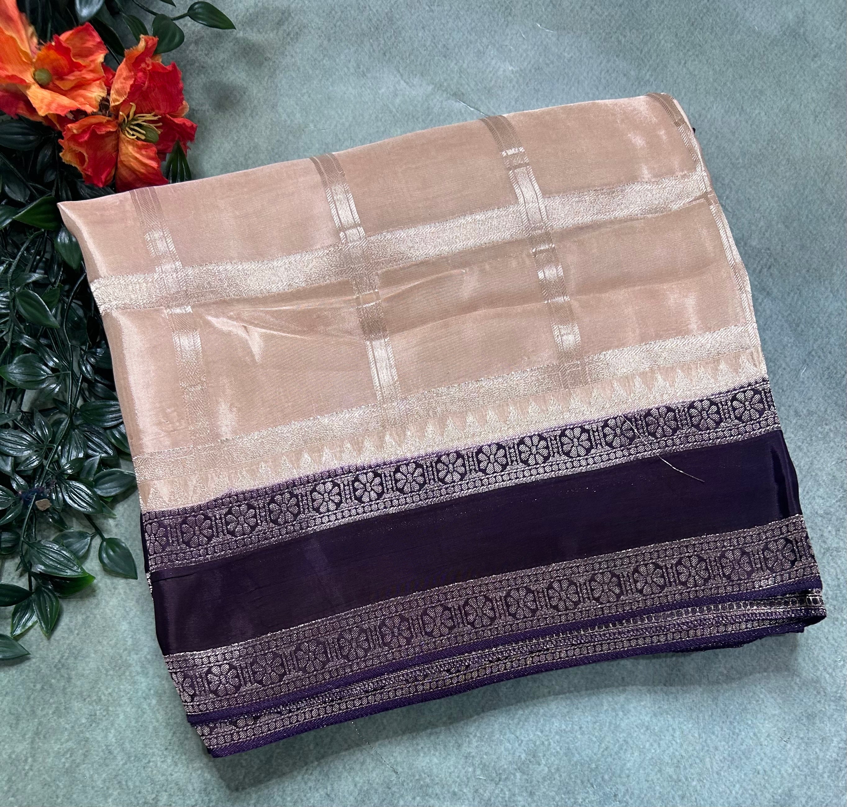Cream checks n bentex border semi crepe 106 saree