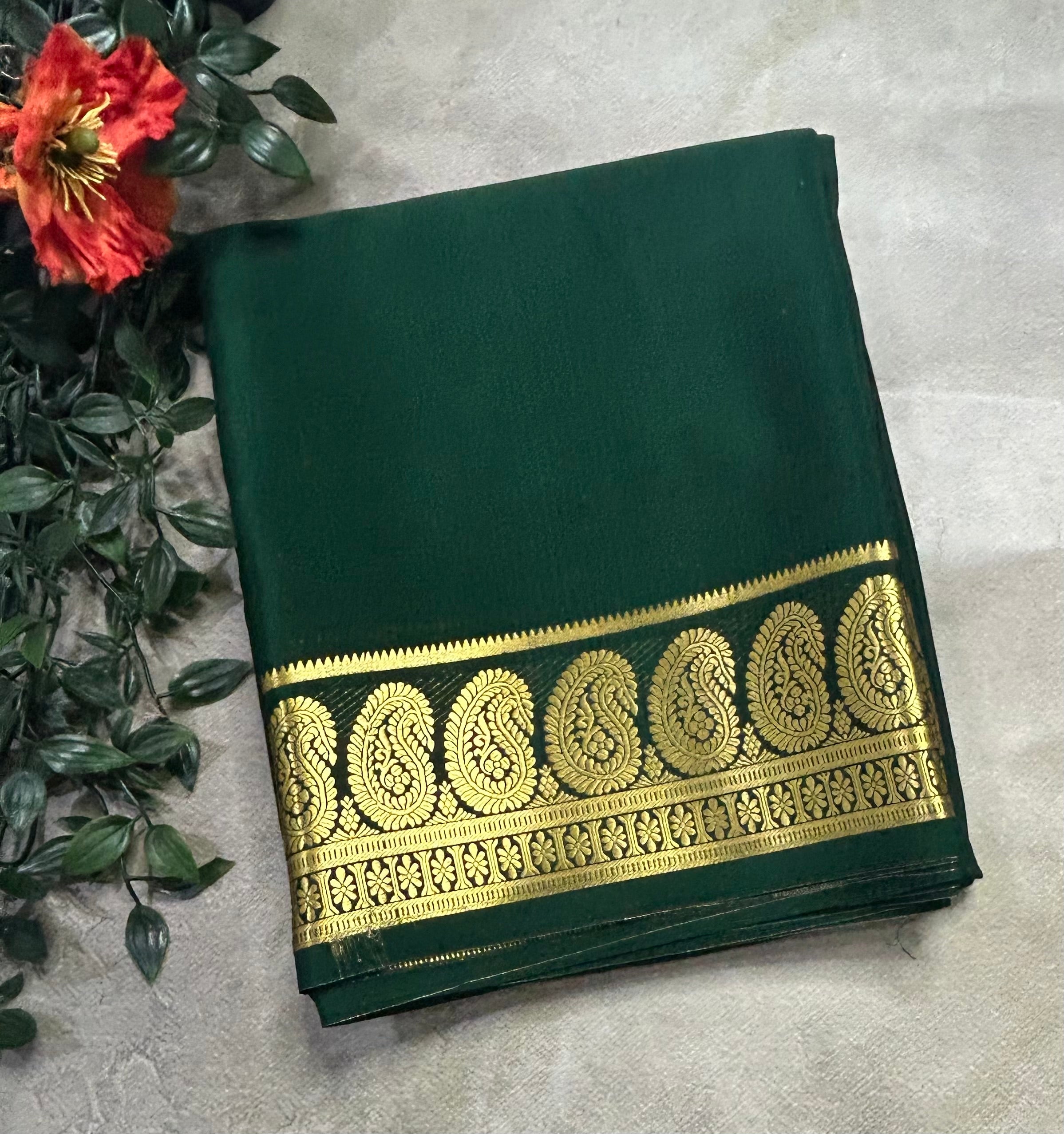 Bottle green plain mango border pure Mysore silk 105 saree